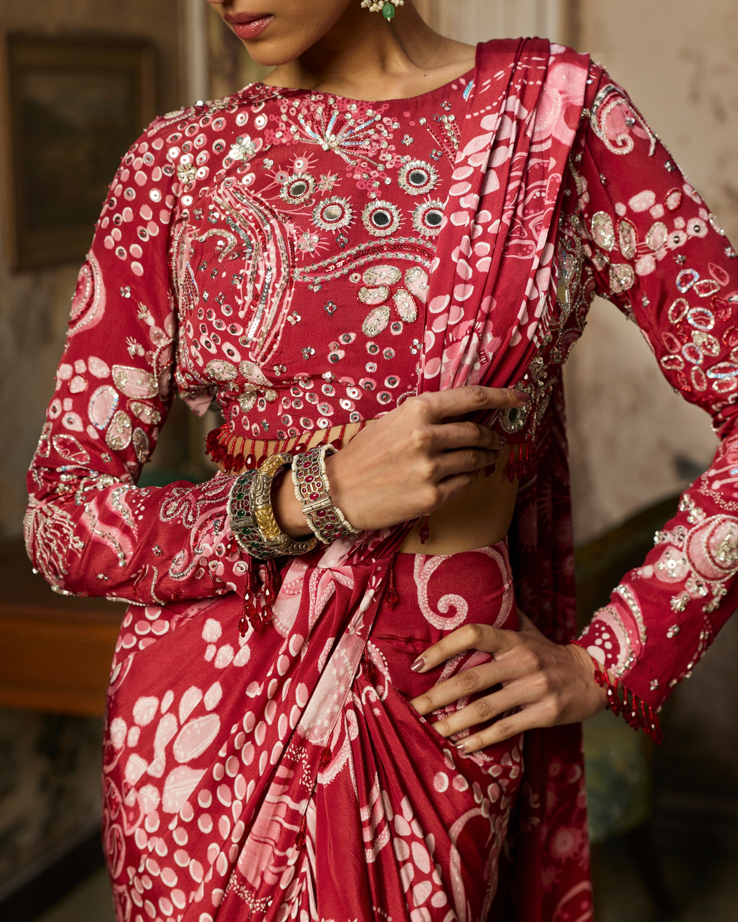 Scarlet Red Printed And Highlighted Dhoti Skirt Sari Set