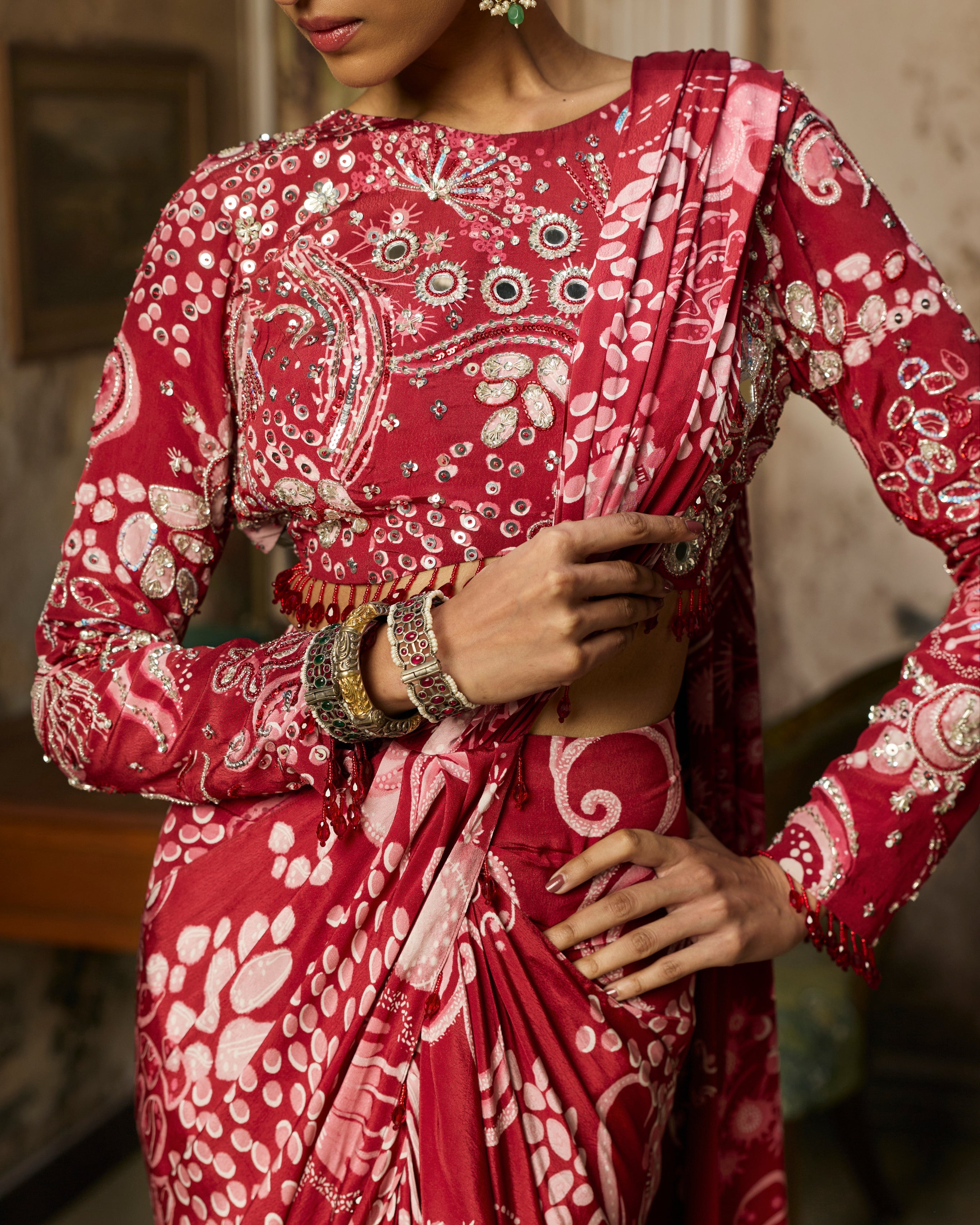 Scarlet Red Printed And Highlighted Dhoti Skirt Sari Set