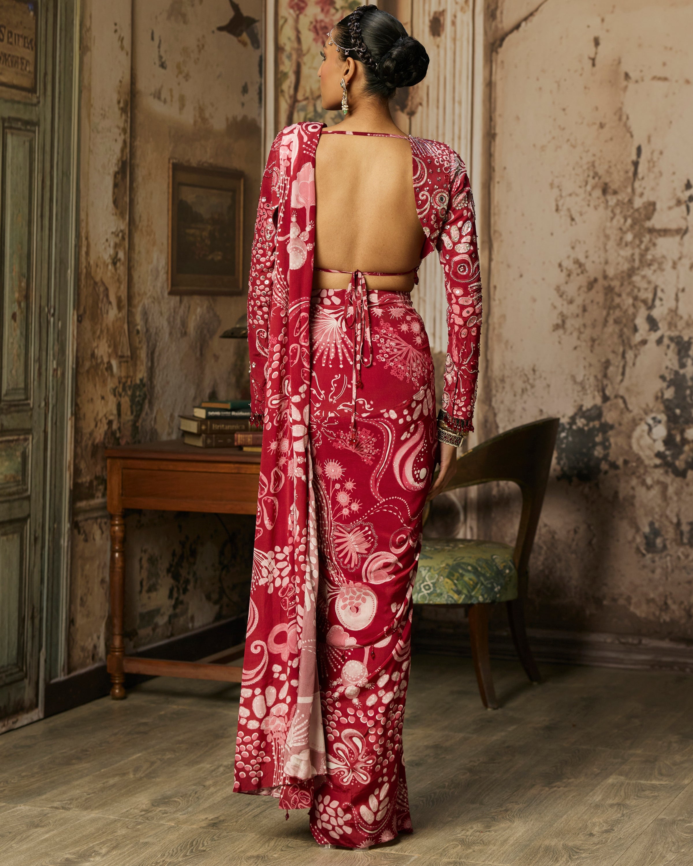 Scarlet Red Printed And Highlighted Dhoti Skirt Sari Set