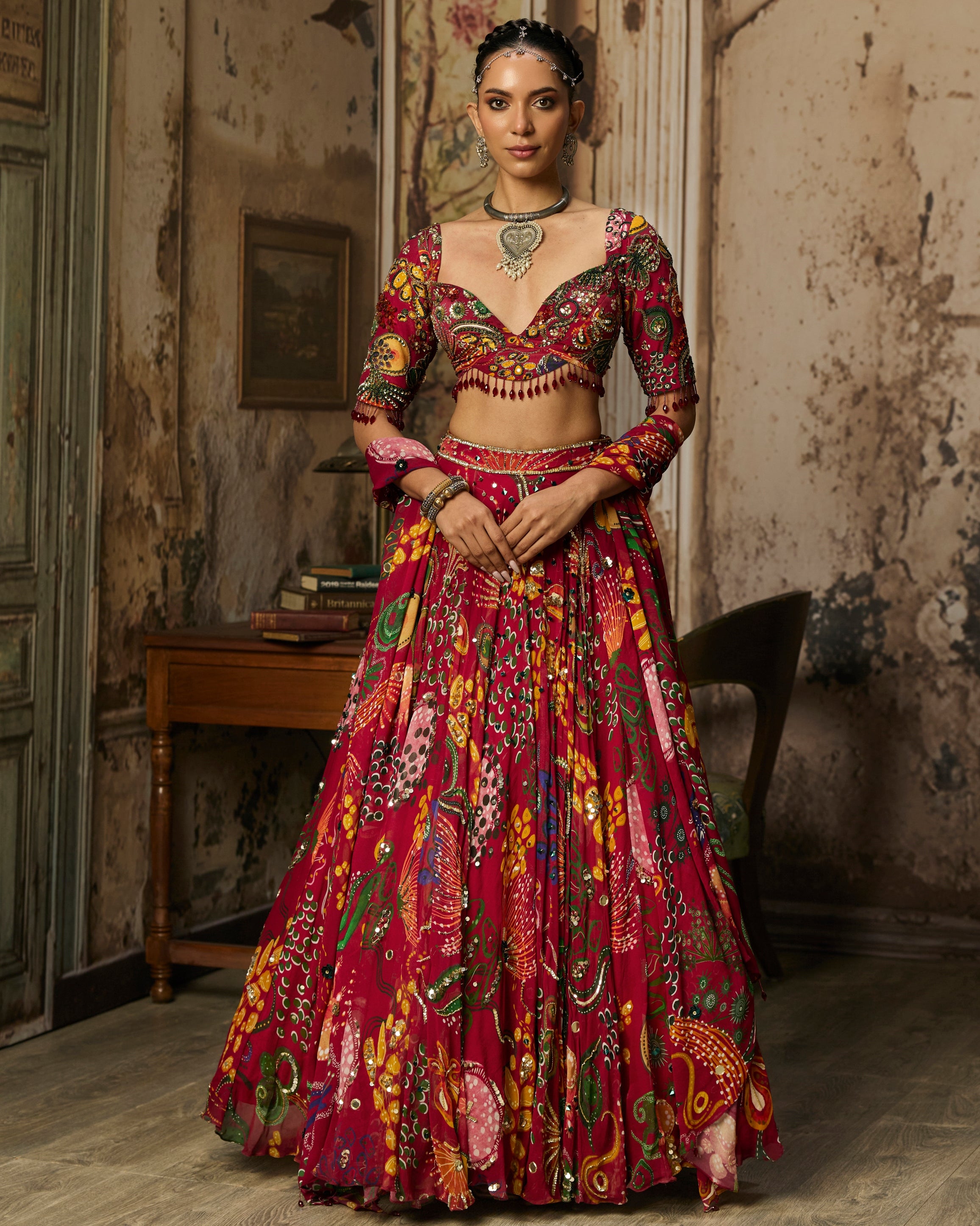 Deep Red Printed And Highlighted Lehenga Set
