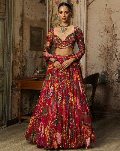 Deep Red Printed And Highlighted Lehenga Set