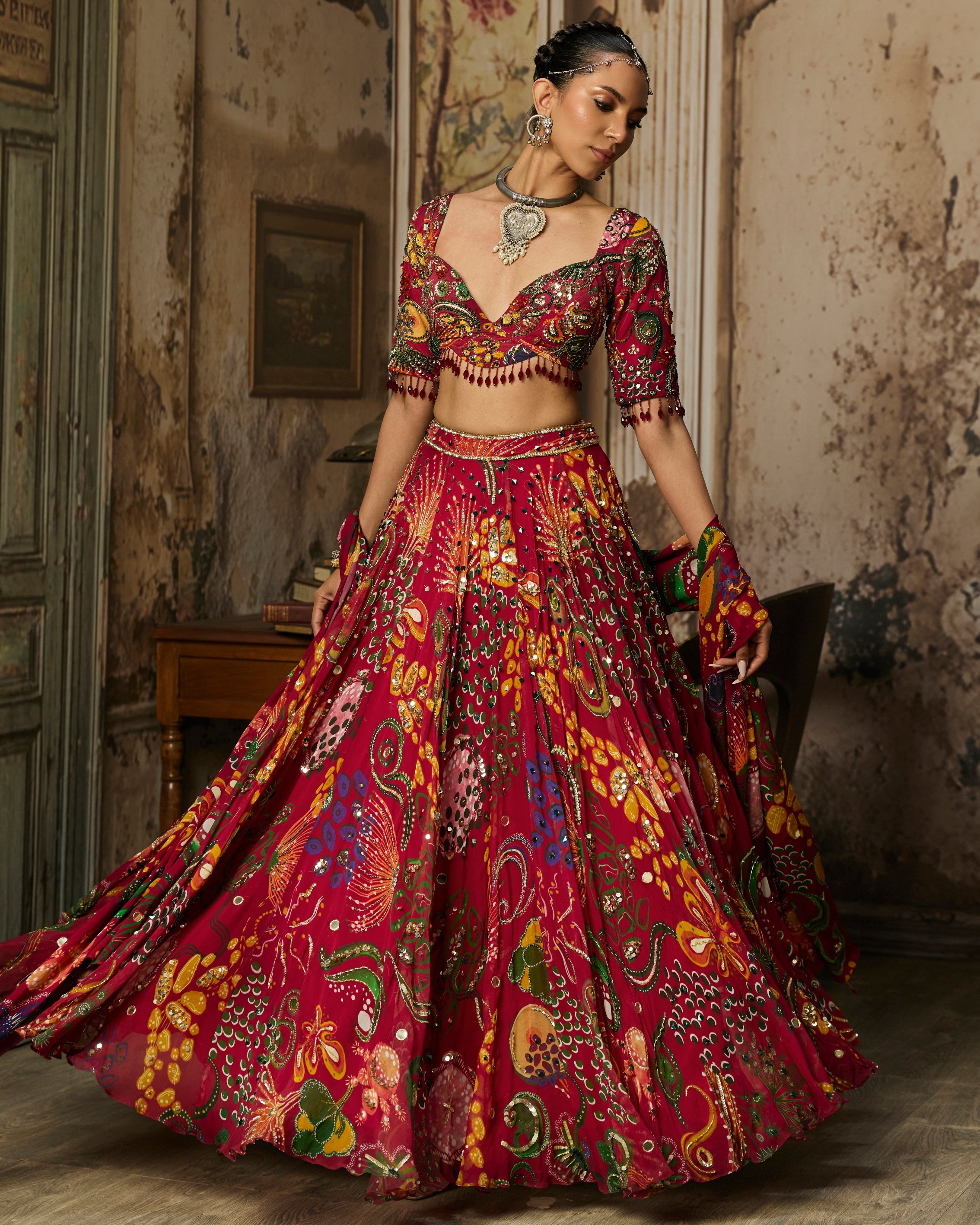 Deep Red Printed And Highlighted Lehenga Set