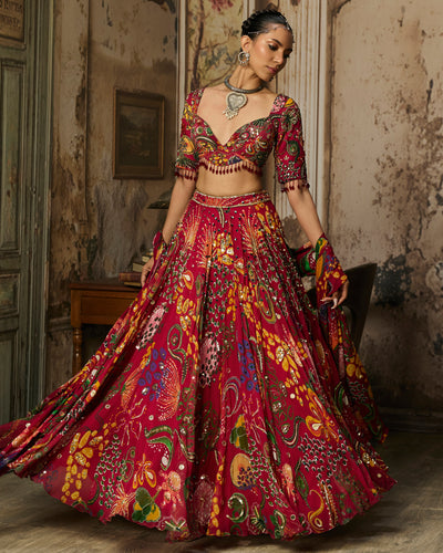 Deep Red Printed And Highlighted Lehenga Set