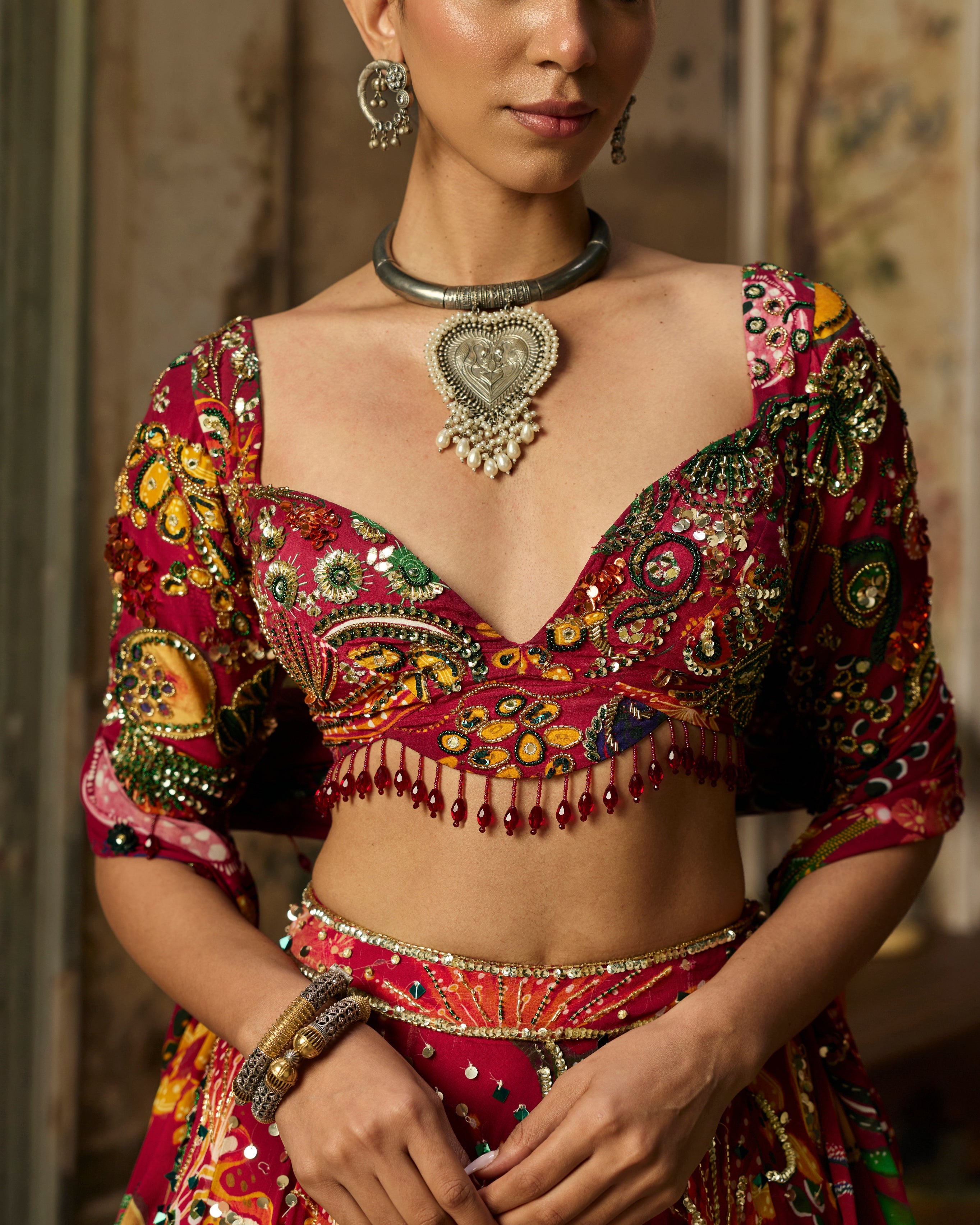 Deep Red Printed And Highlighted Lehenga Set