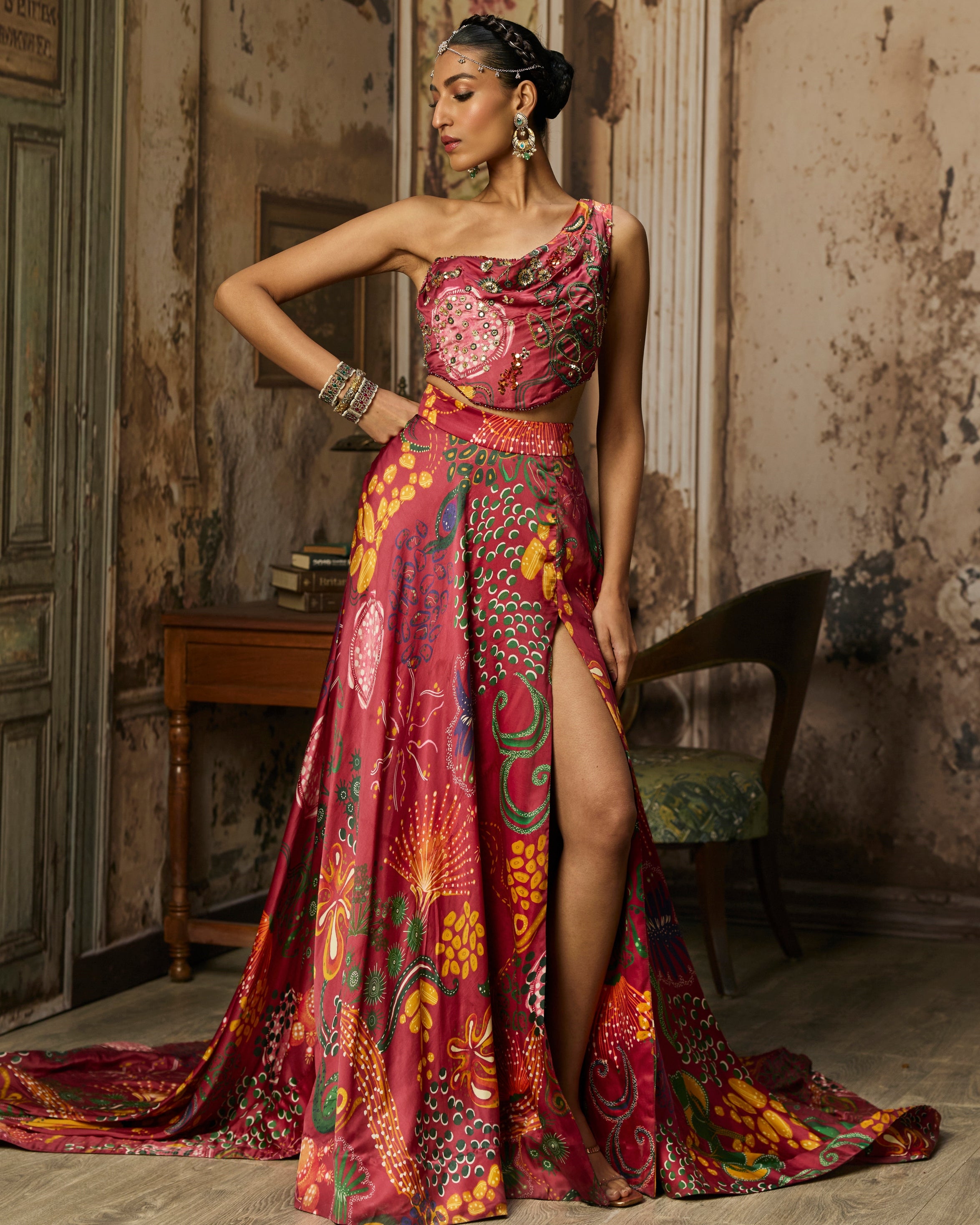 Deep Red Printed And Highlighted Slit Skirt Set