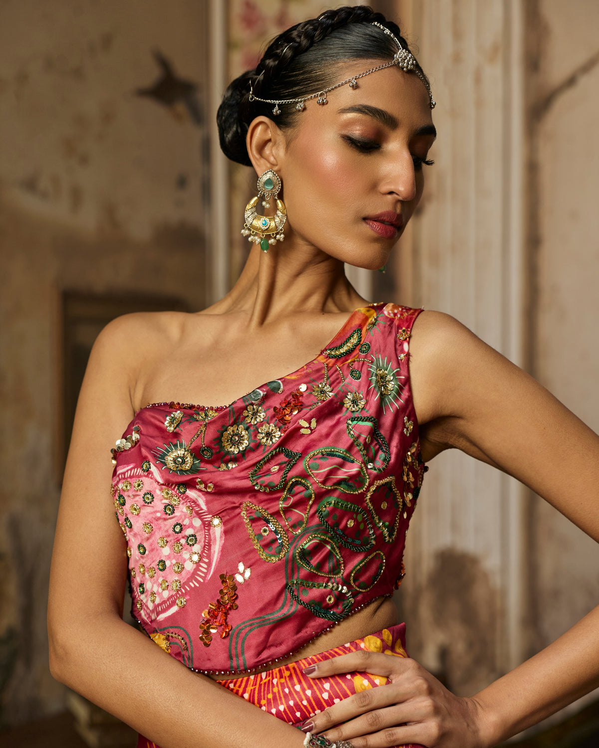 Deep Red Printed And Highlighted Slit Skirt Set