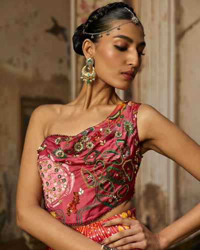 Deep Red Printed And Highlighted Slit Skirt Set