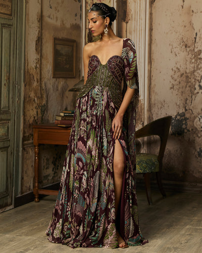 Plum Printed And Embroidered Drape Gown Sari