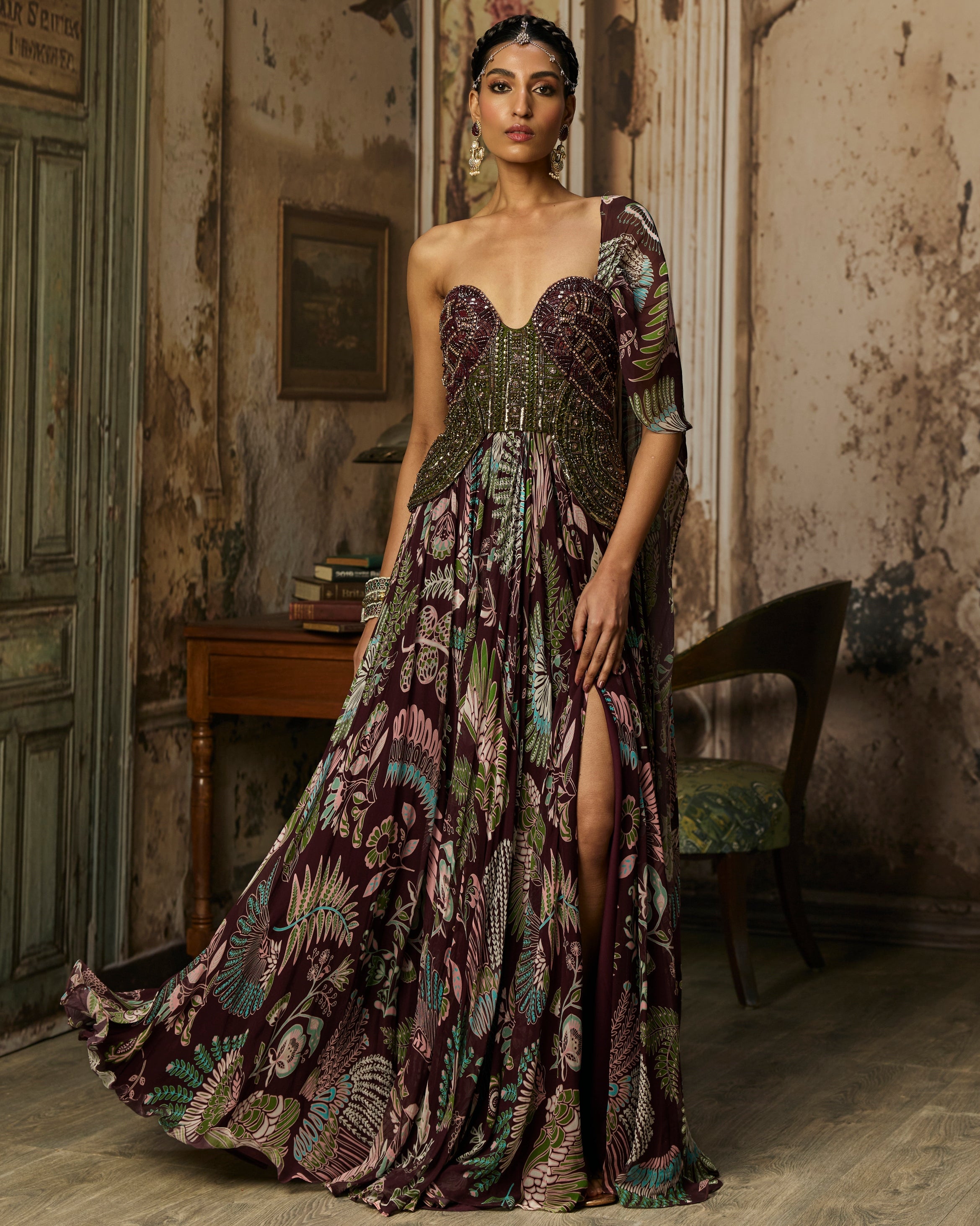 Plum Printed And Embroidered Drape Gown Sari