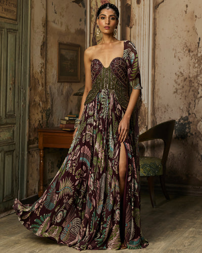 Plum Printed And Embroidered Drape Gown Sari