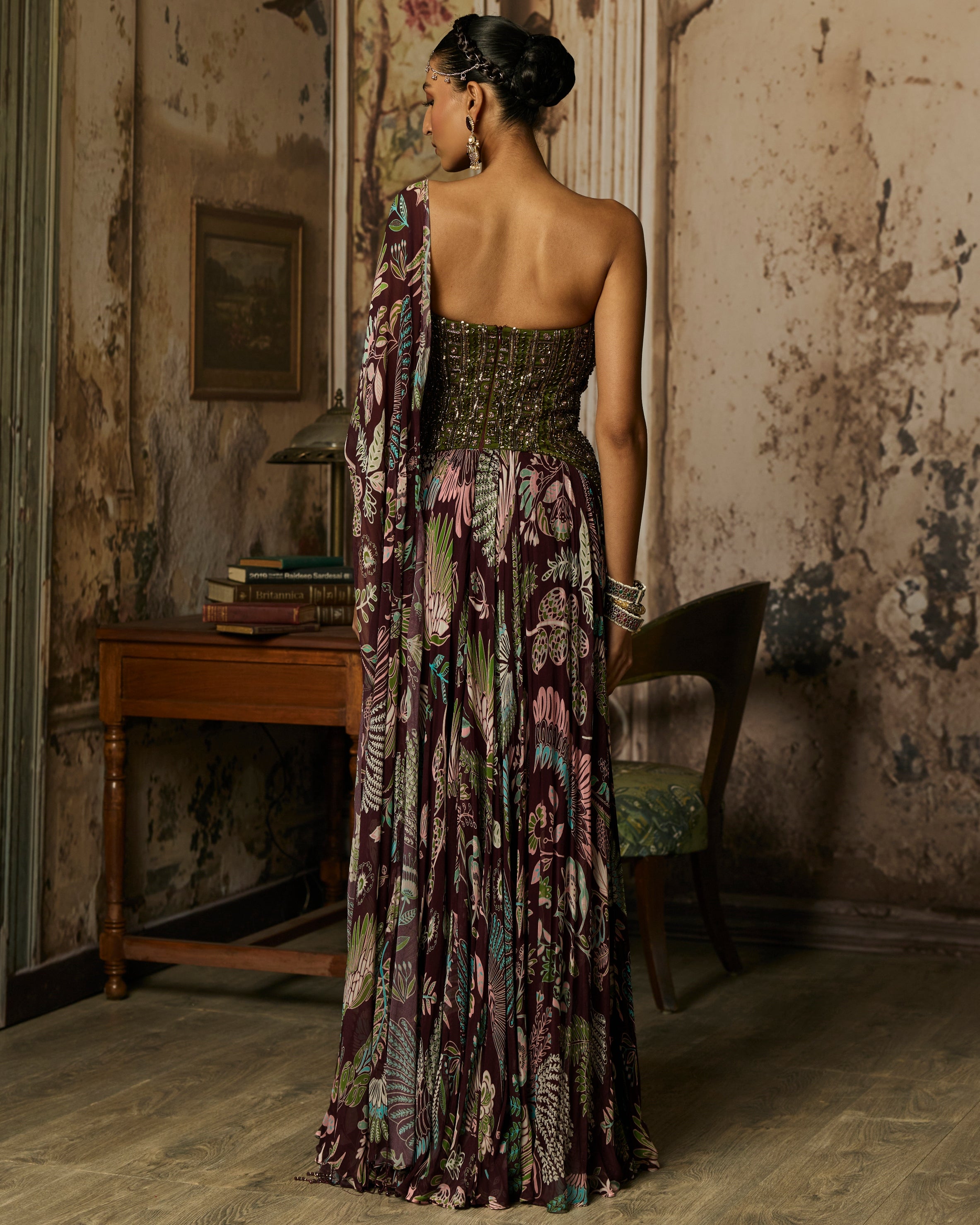 Plum Printed And Embroidered Drape Gown Sari