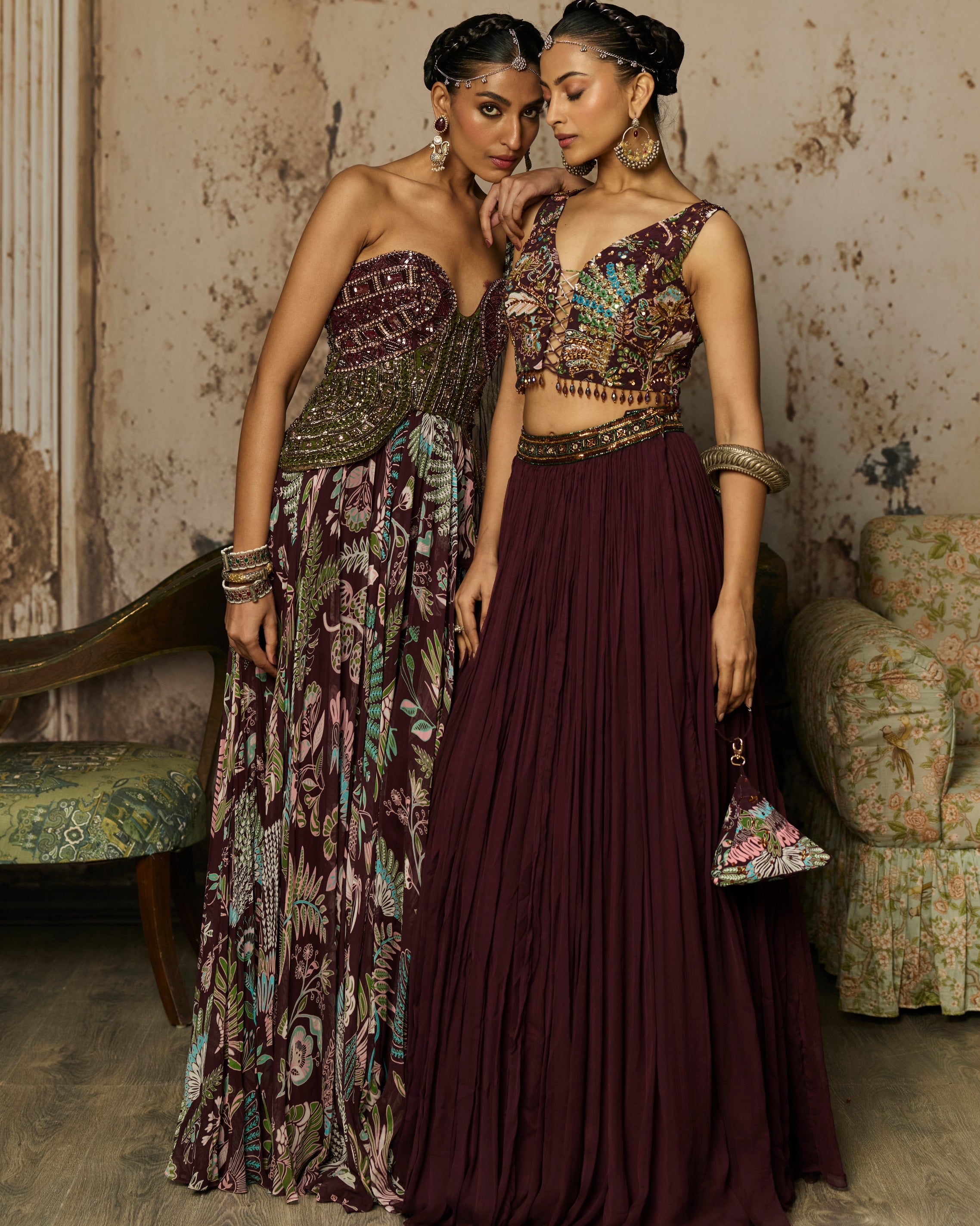Plum Printed And Embroidered Drape Gown Sari