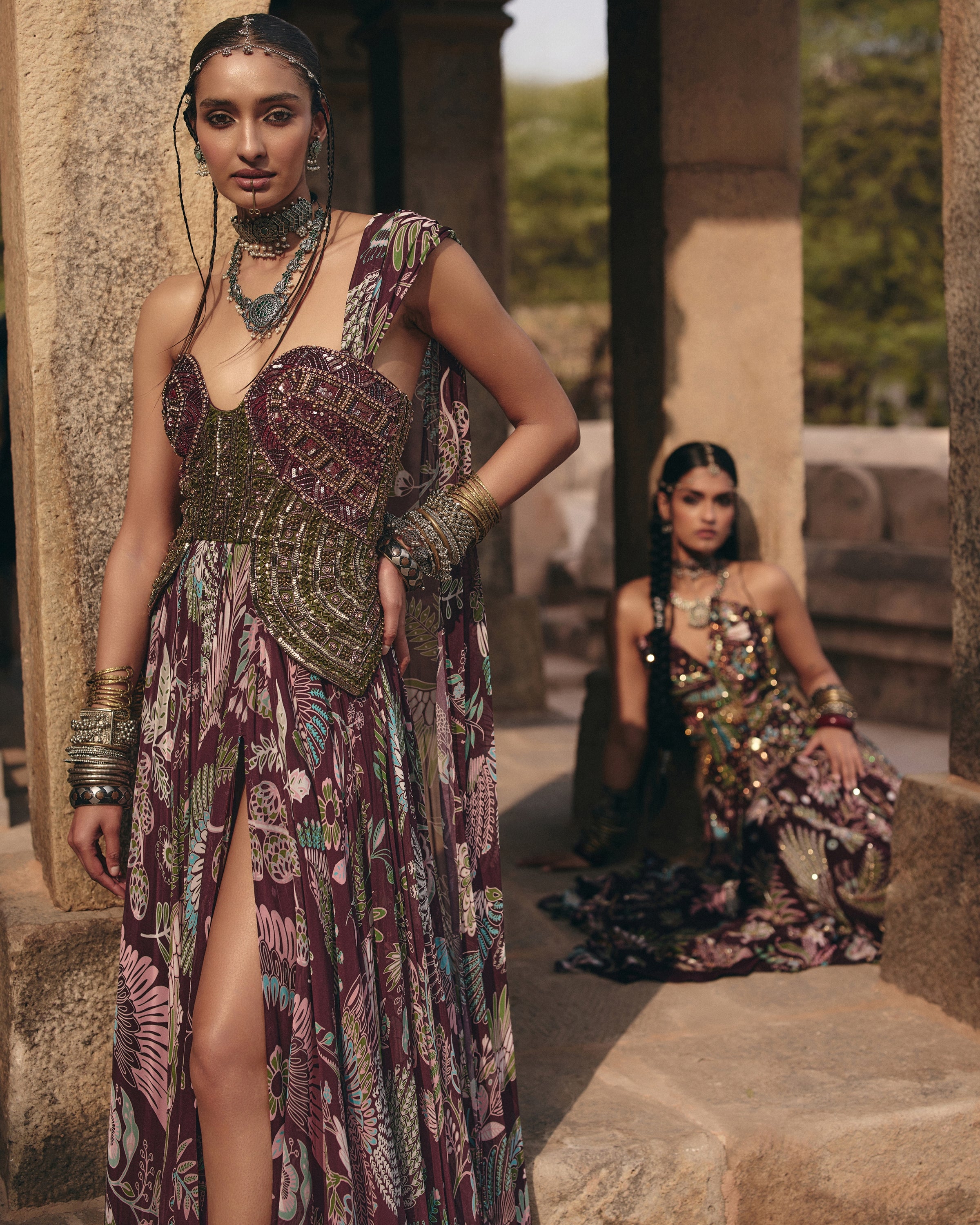 Plum Printed And Embroidered Drape Gown Sari