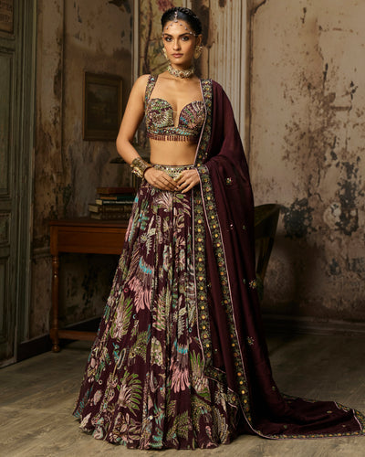 Plum Printed And Highlighted Lehenga Set