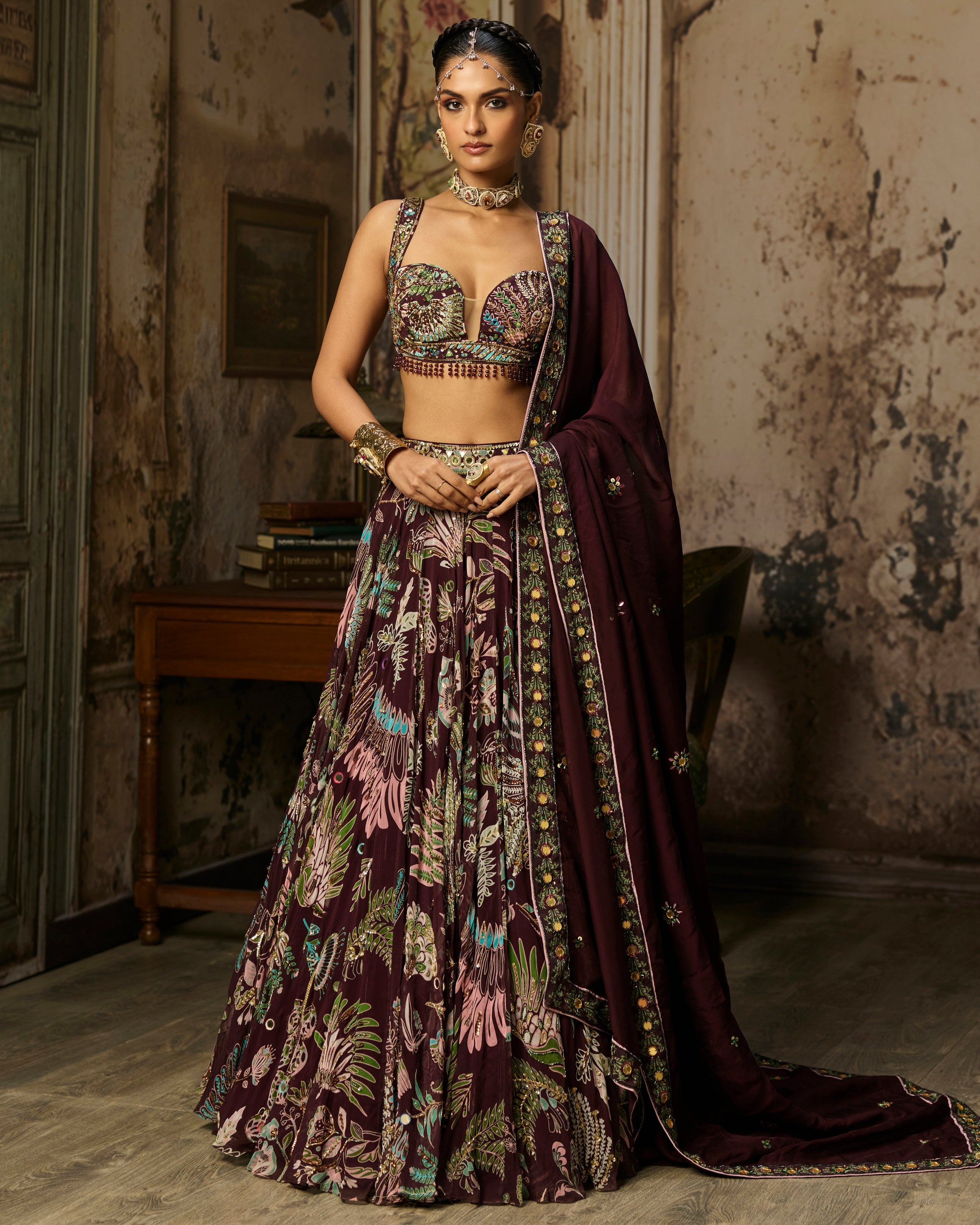 Plum Printed And Highlighted Lehenga Set