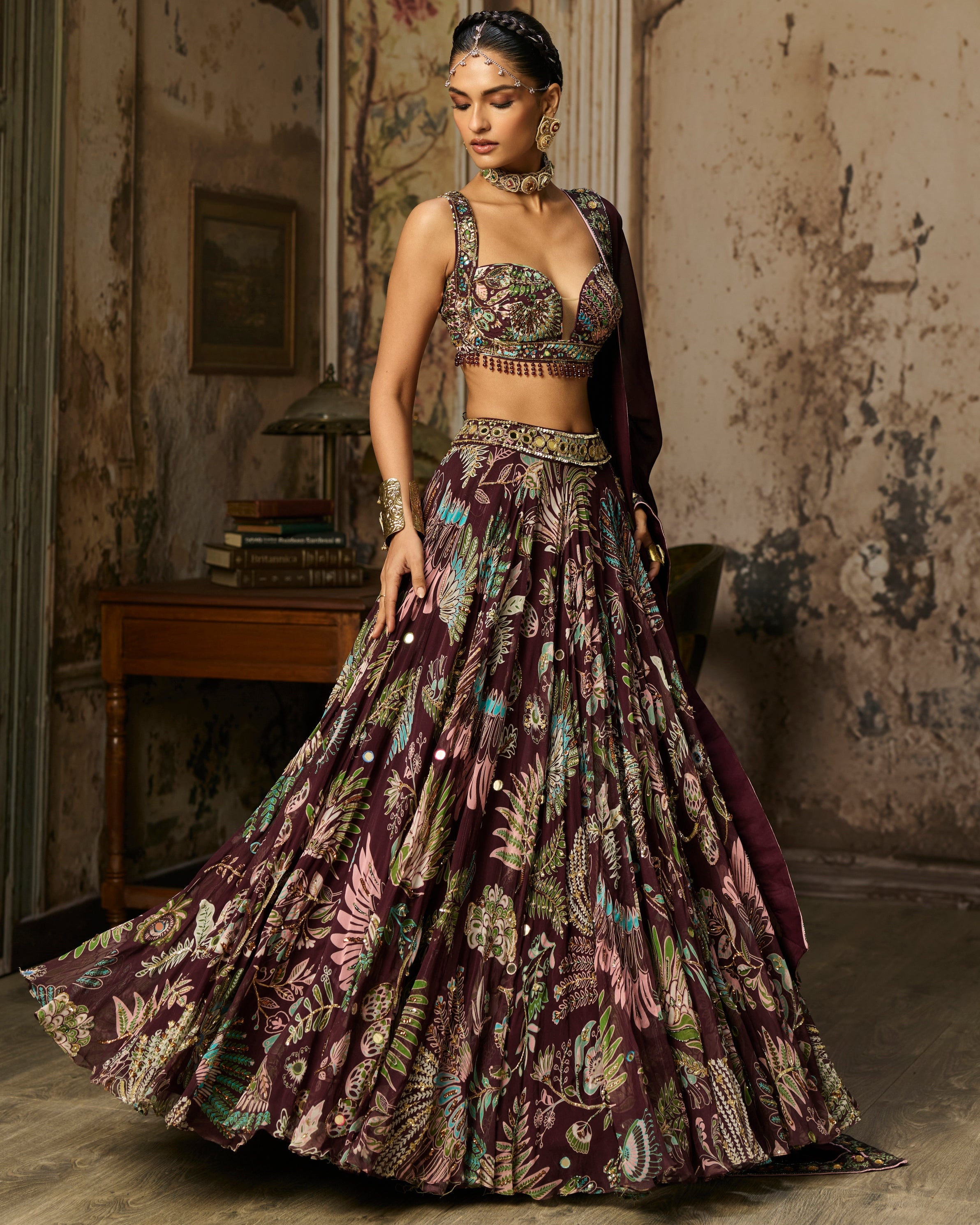 Plum Printed And Highlighted Lehenga Set