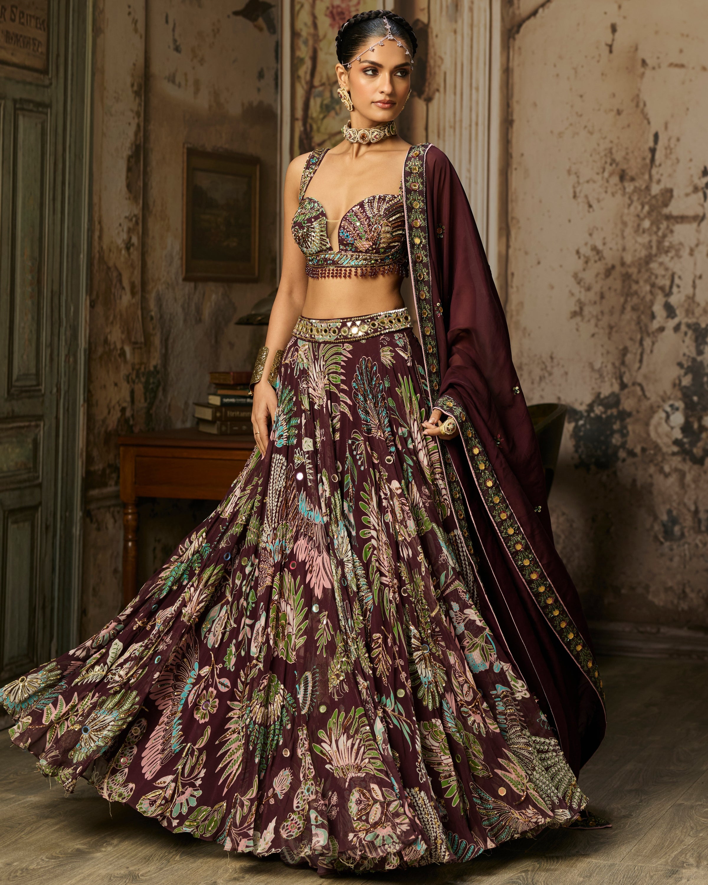 Plum Printed And Highlighted Lehenga Set