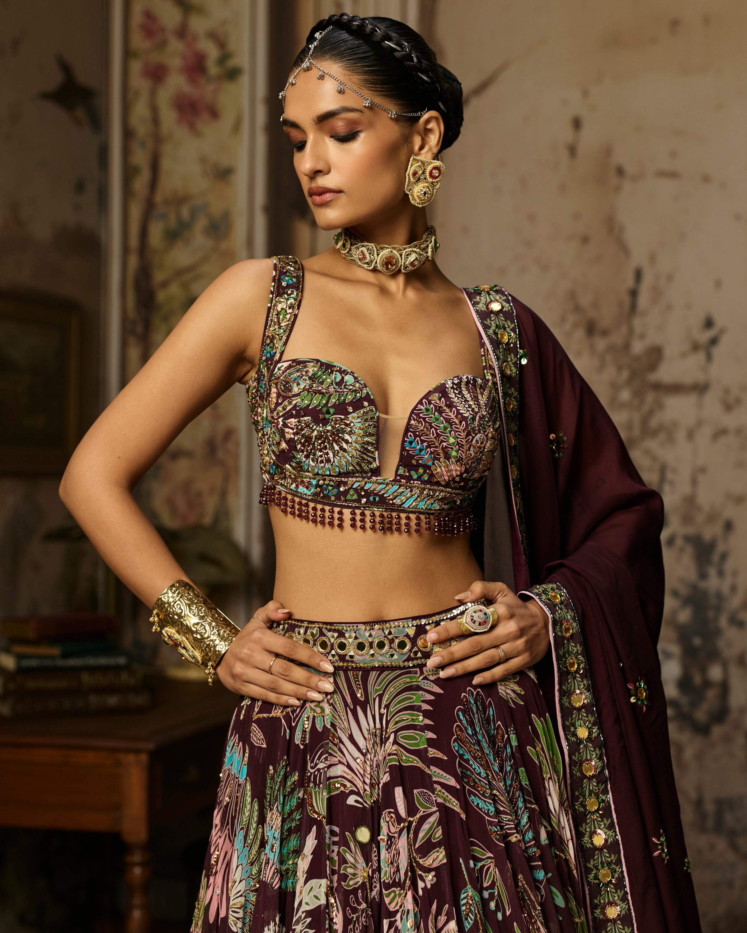 Plum Printed And Highlighted Lehenga Set