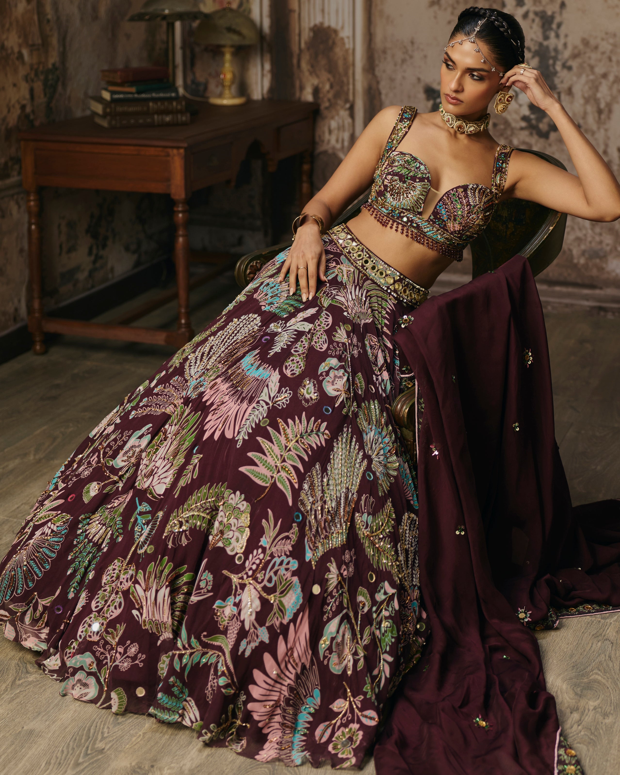 Plum Printed And Highlighted Lehenga Set