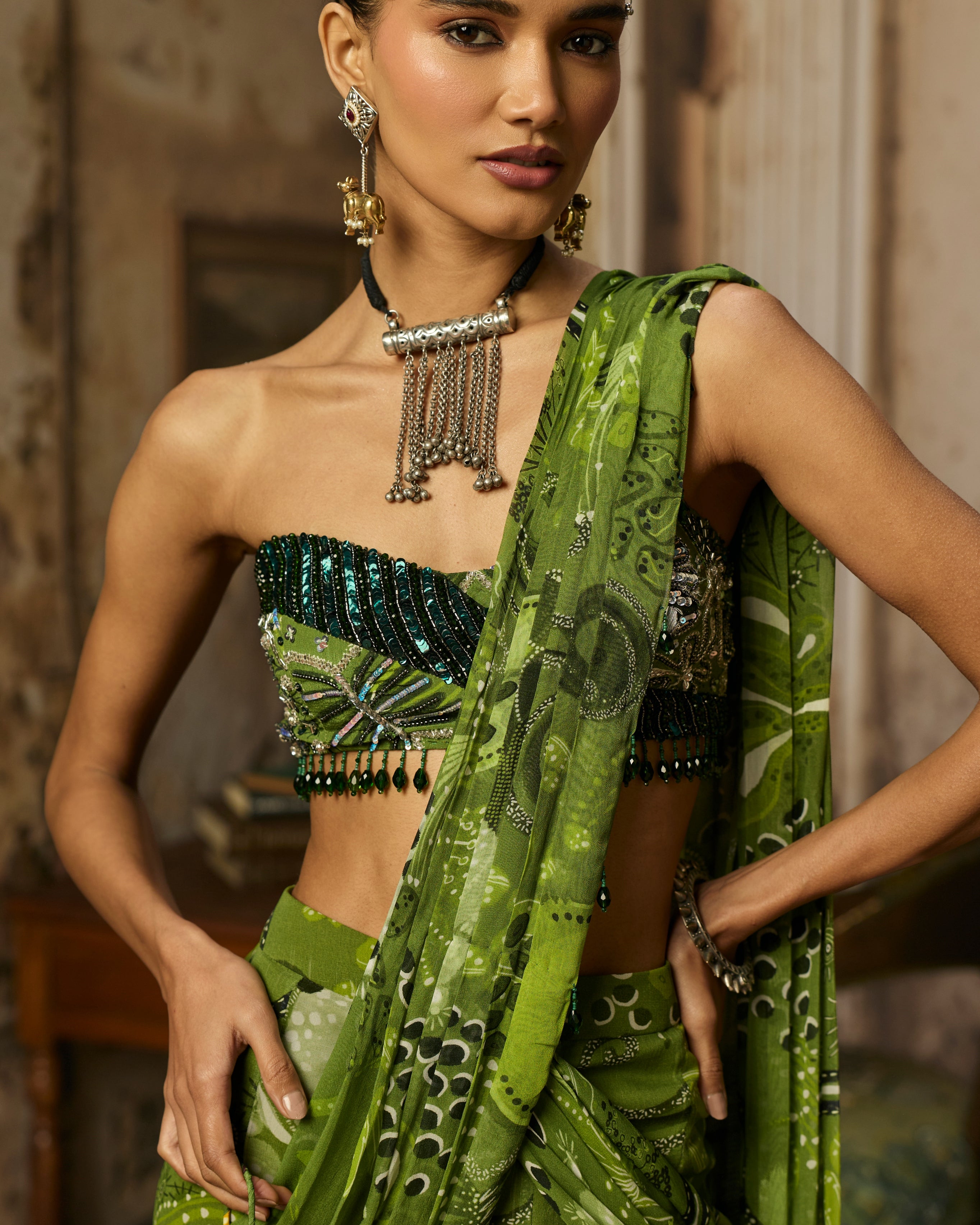 Pear Green Printed And Highlighted Pre-Draped Slit Skirt Sari Set