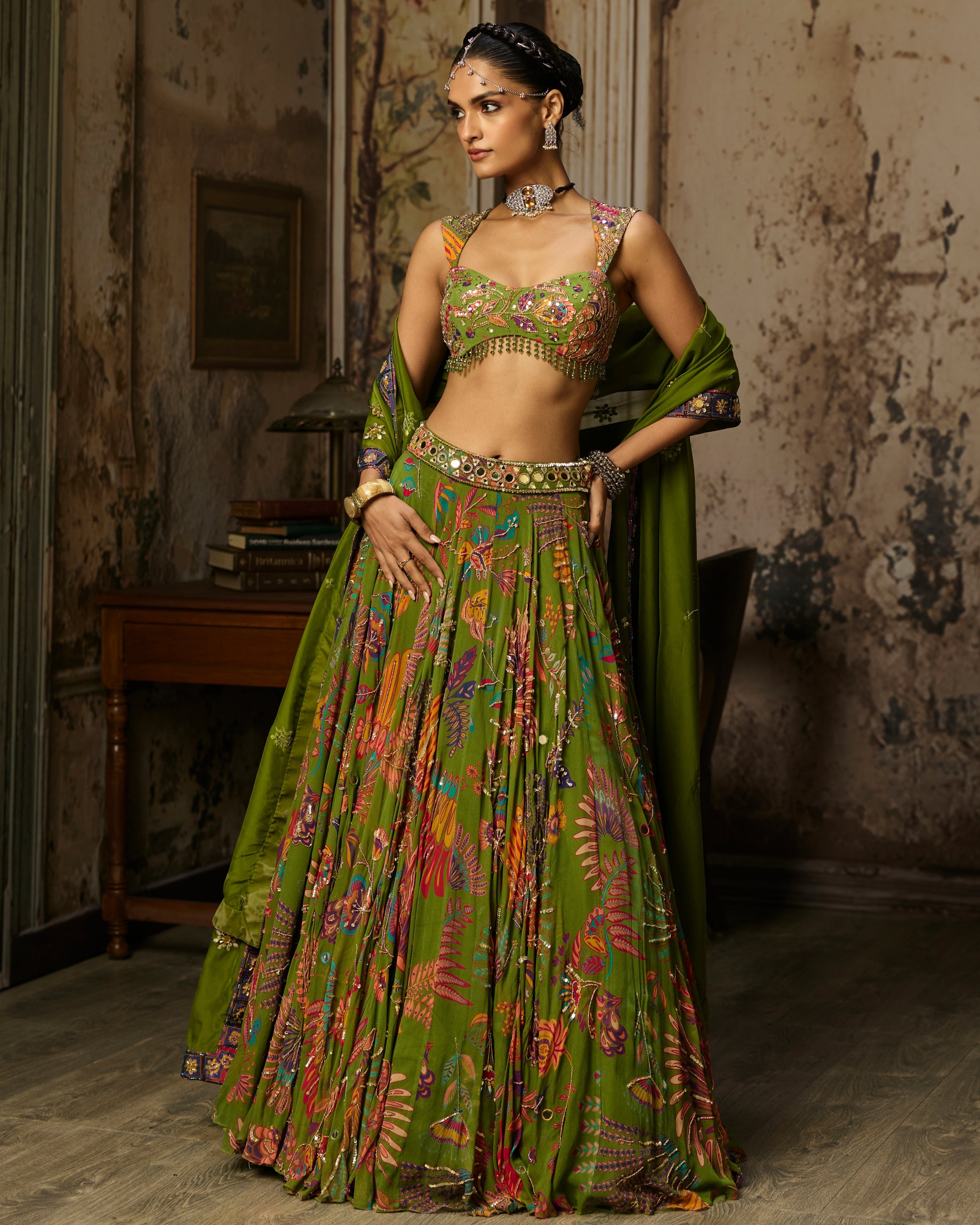 Pear Green Printed And Highlighted Lehenga Set