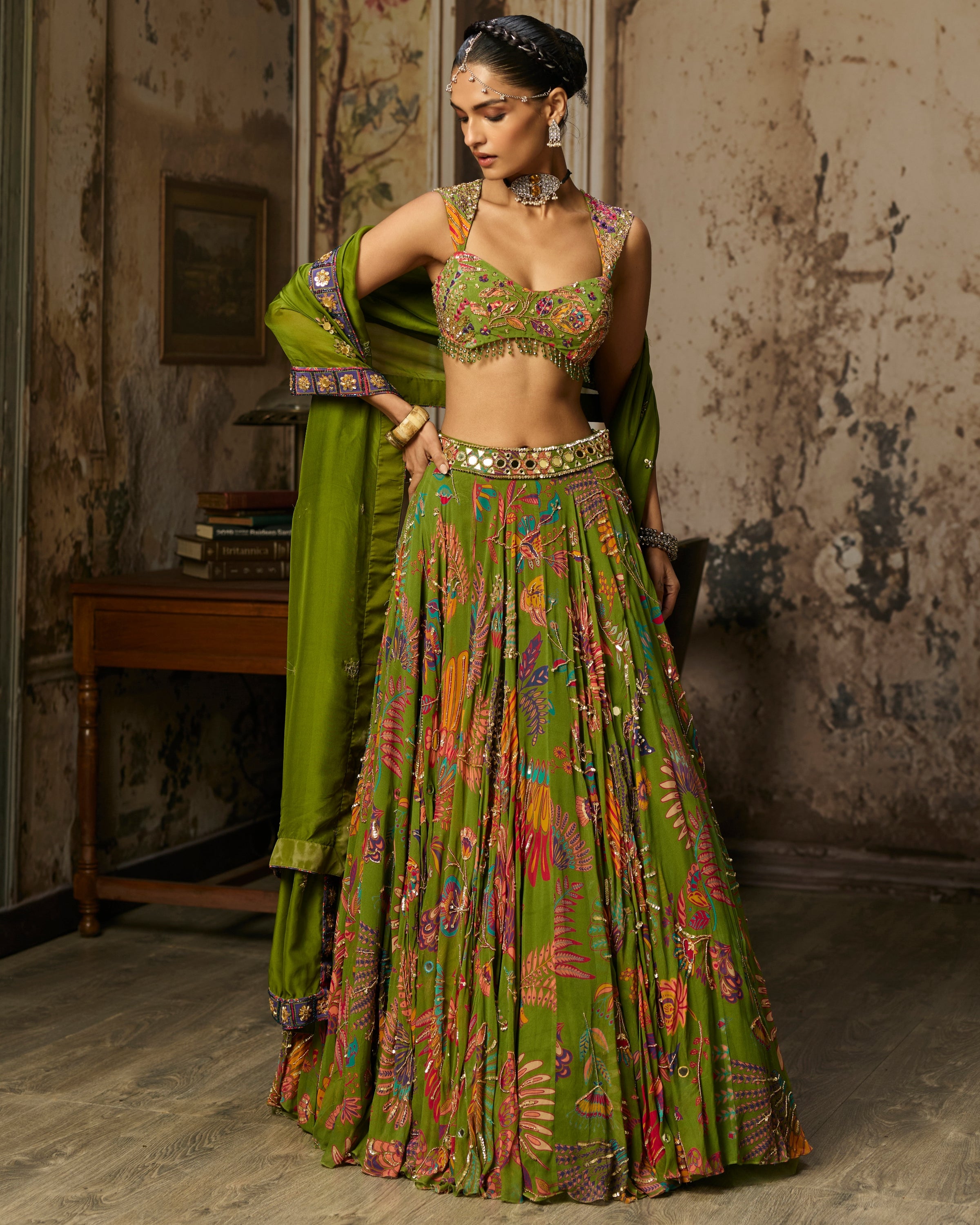 Pear Green Printed And Highlighted Lehenga Set