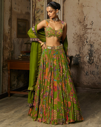 Pear Green Printed And Highlighted Lehenga Set