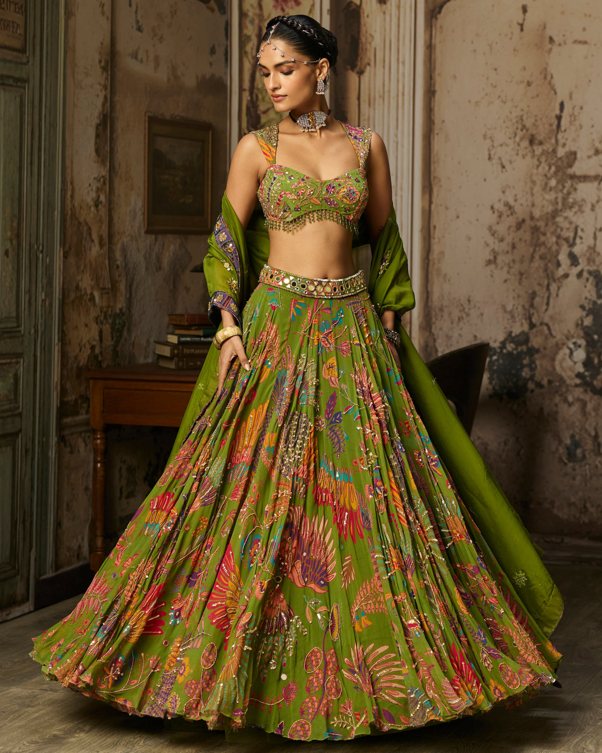 Pear Green Printed And Highlighted Lehenga Set