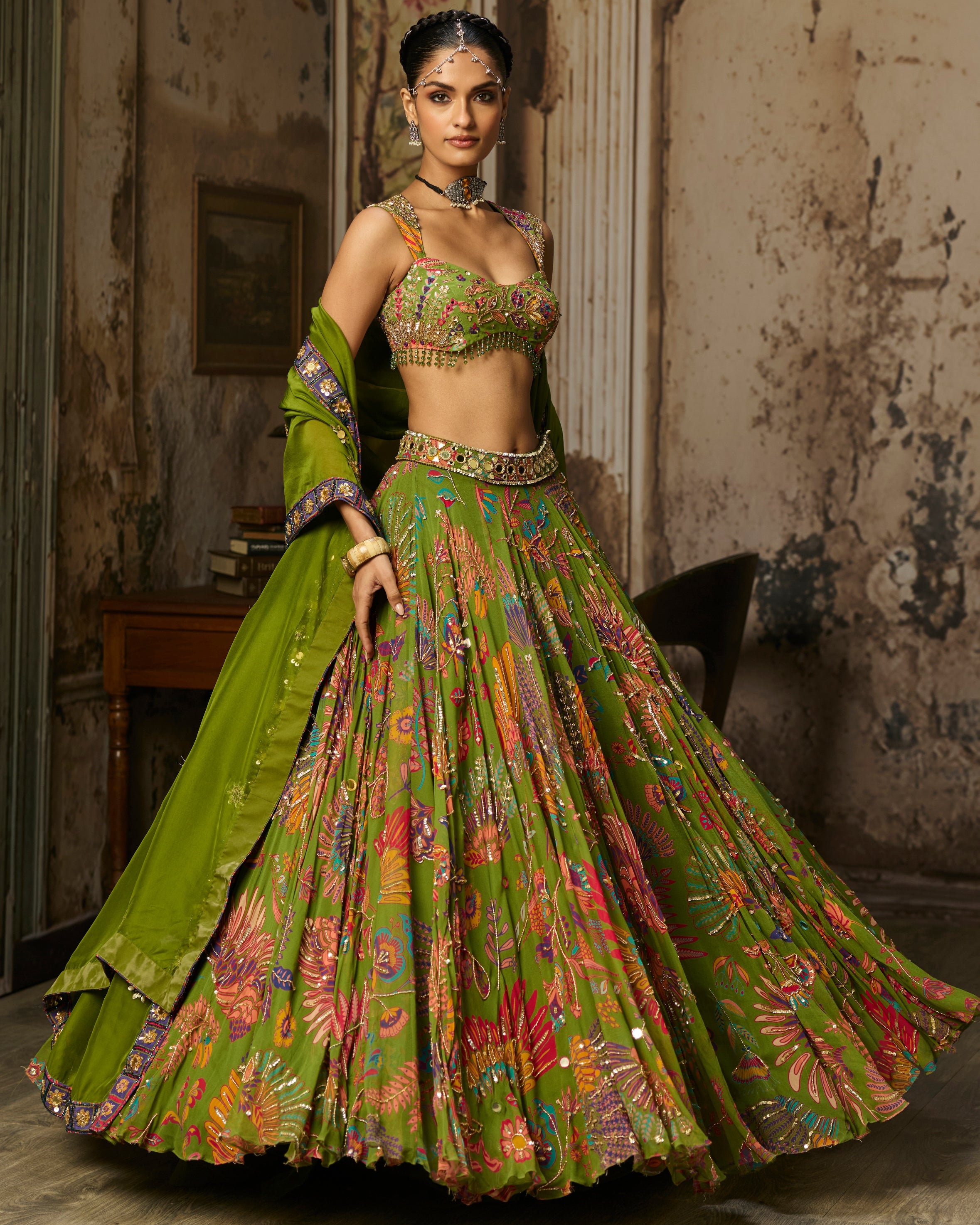 Pear Green Printed And Highlighted Lehenga Set