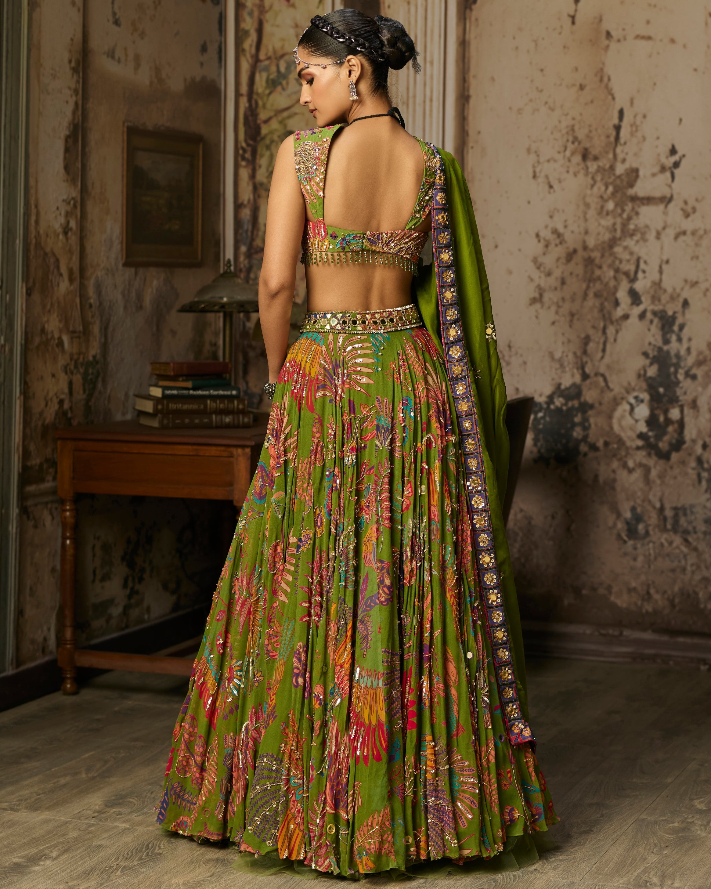 Pear Green Printed And Highlighted Lehenga Set