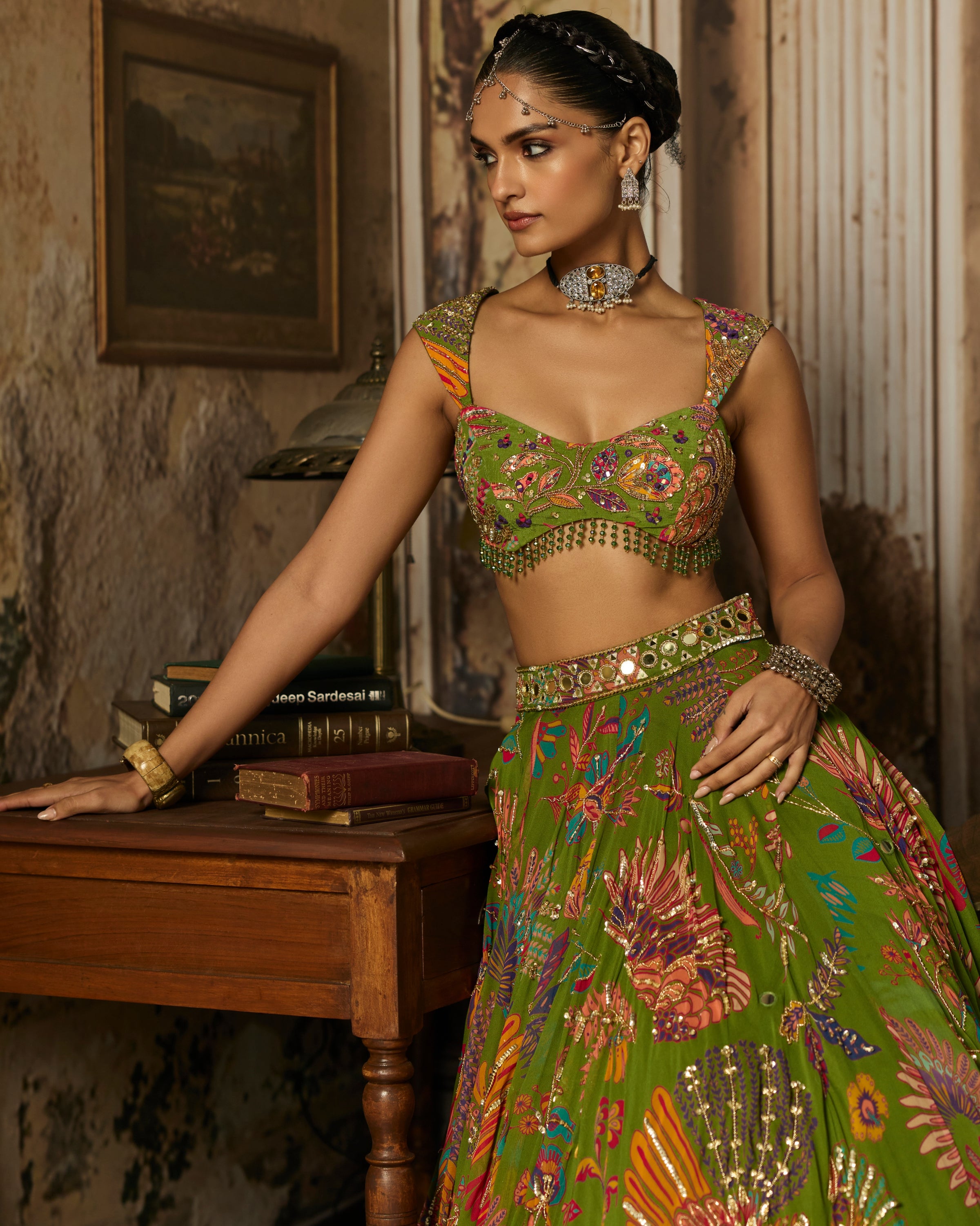 Pear Green Printed And Highlighted Lehenga Set