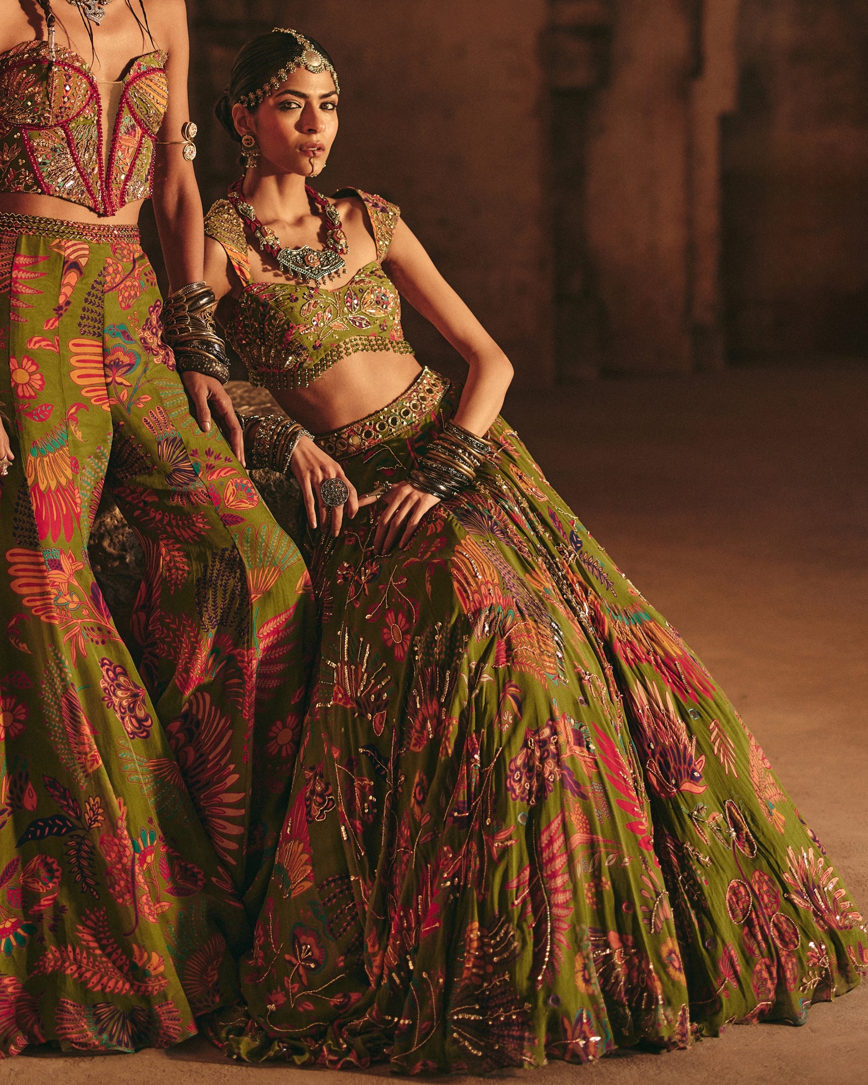 Pear Green Printed And Highlighted Lehenga Set