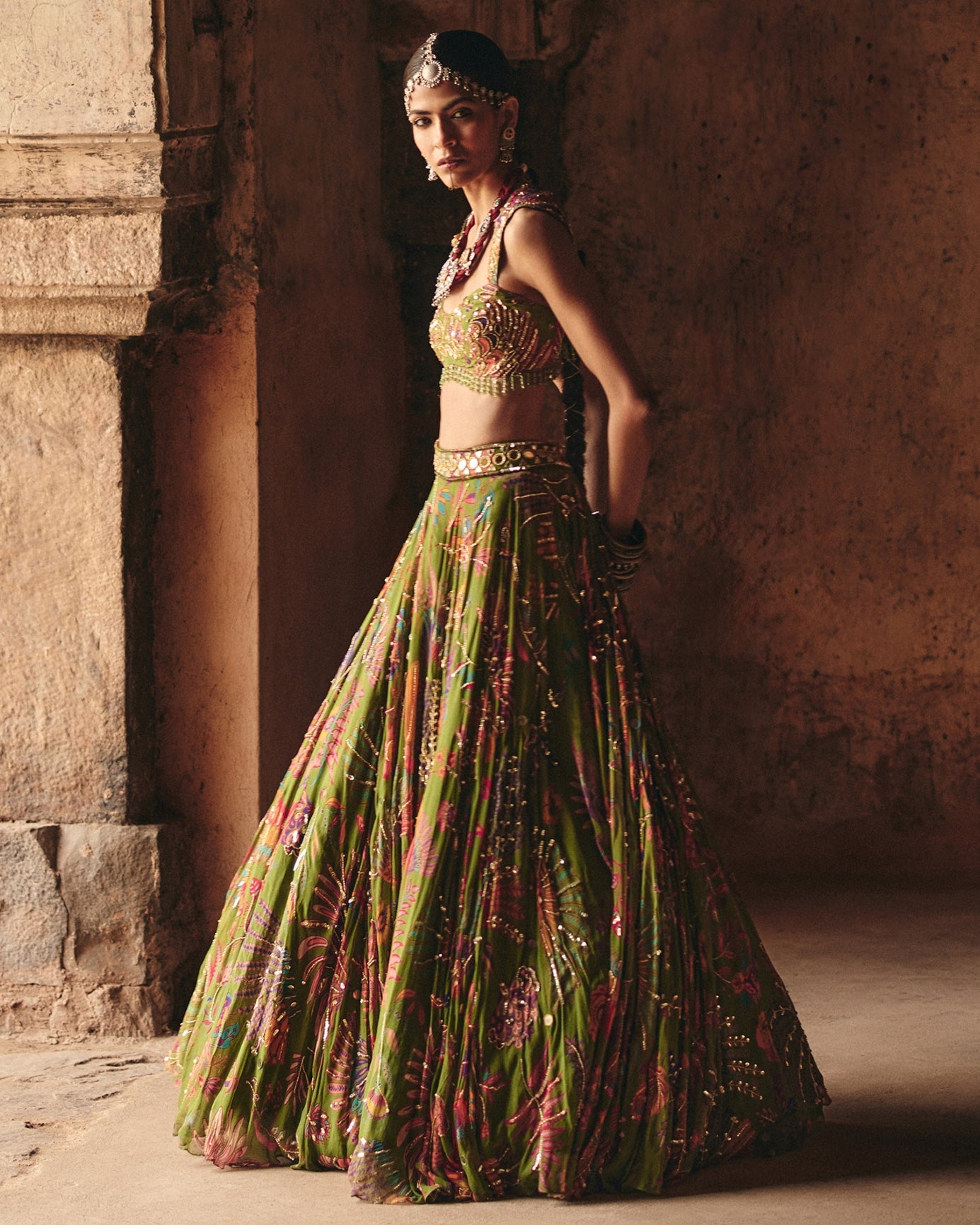 Pear Green Printed And Highlighted Lehenga Set