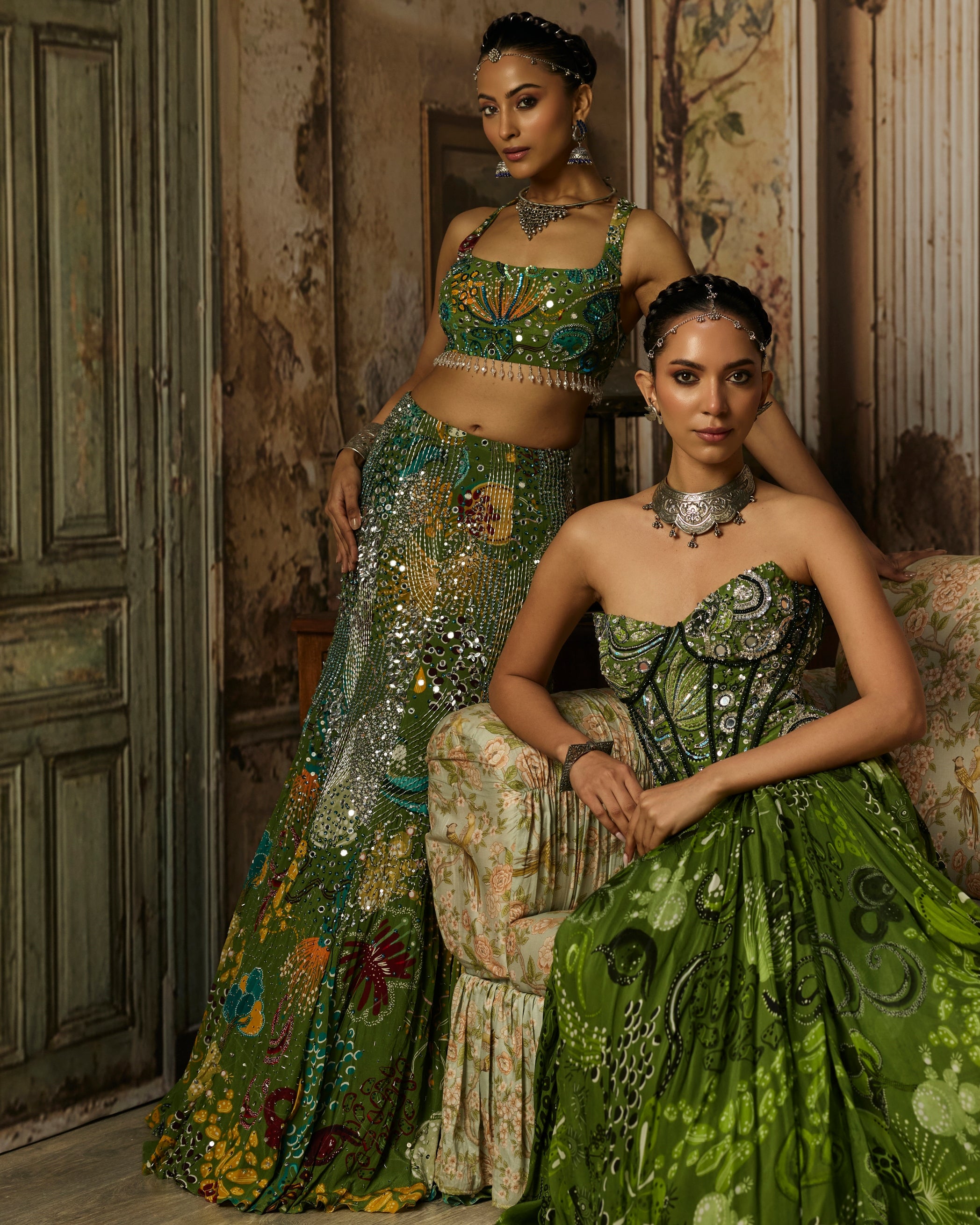 Pear Green Printed And Highlighted Mermaid Skirt Set