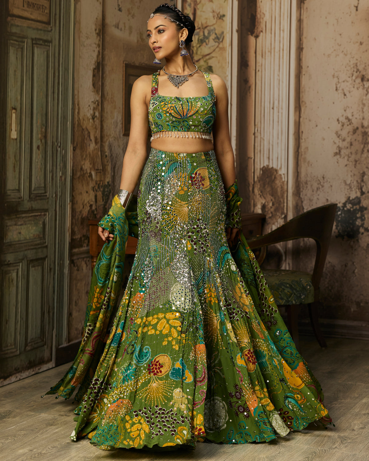 Pear Green Printed And Highlighted Mermaid Skirt Set