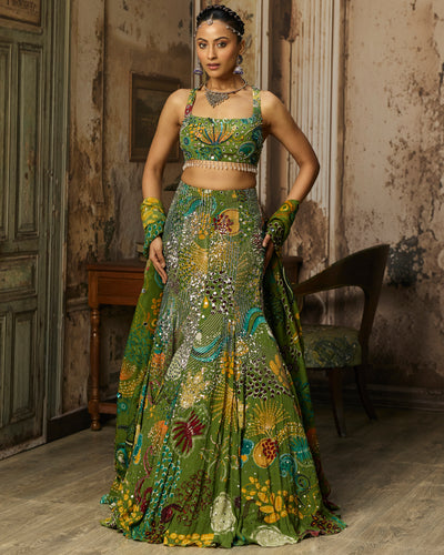 Pear Green Printed And Highlighted Mermaid Skirt Set