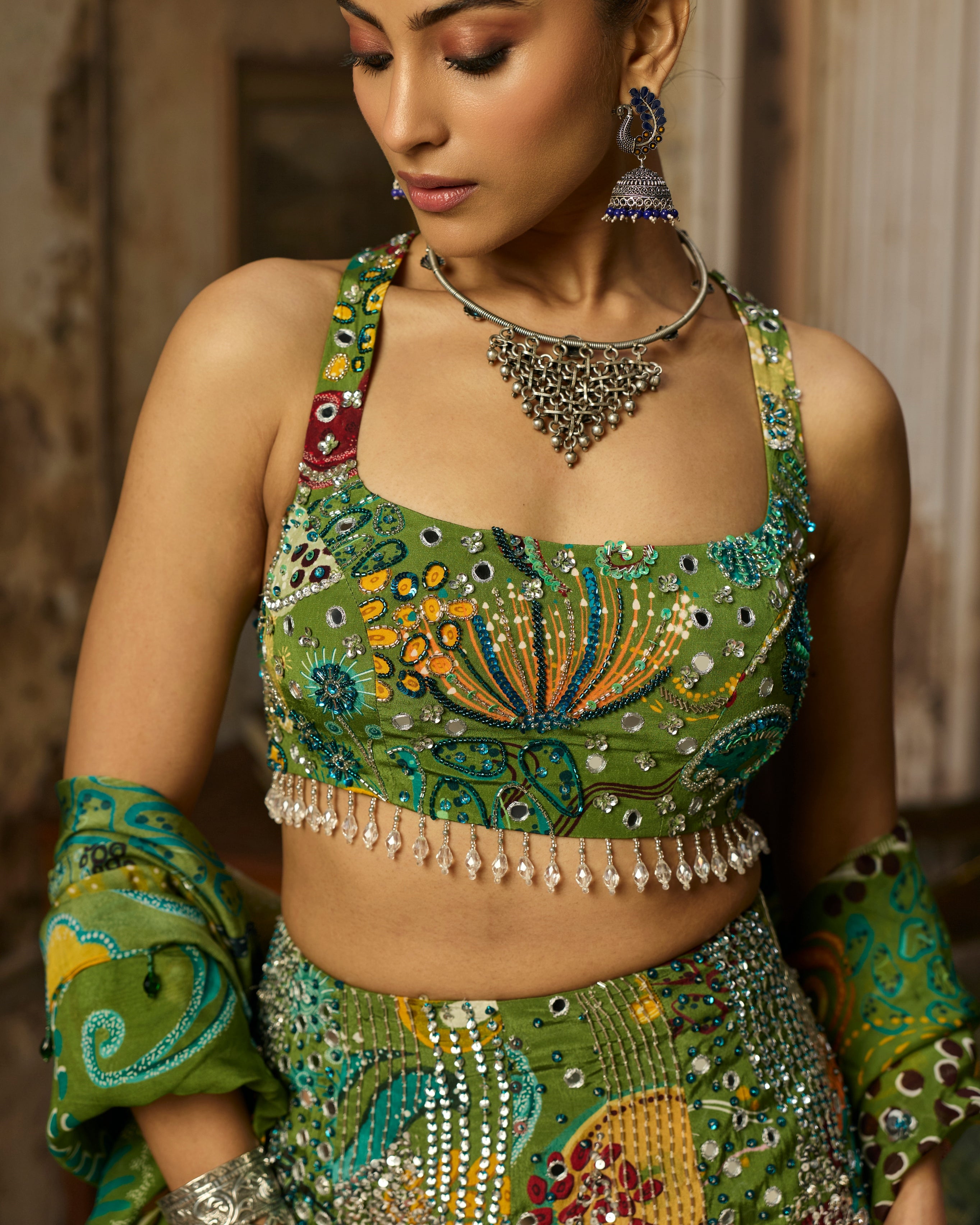 Pear Green Printed And Highlighted Mermaid Skirt Set