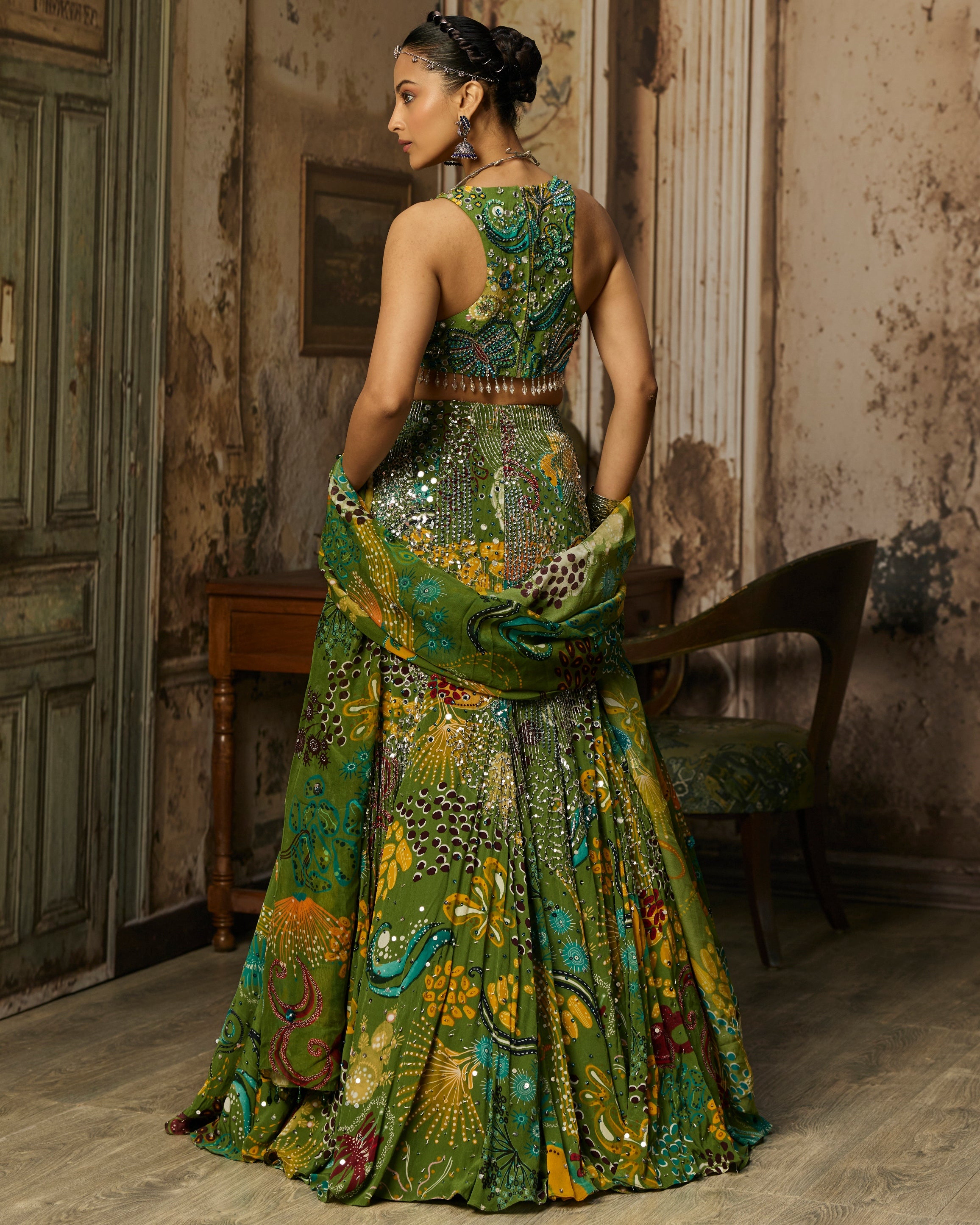 Pear Green Printed And Highlighted Mermaid Skirt Set