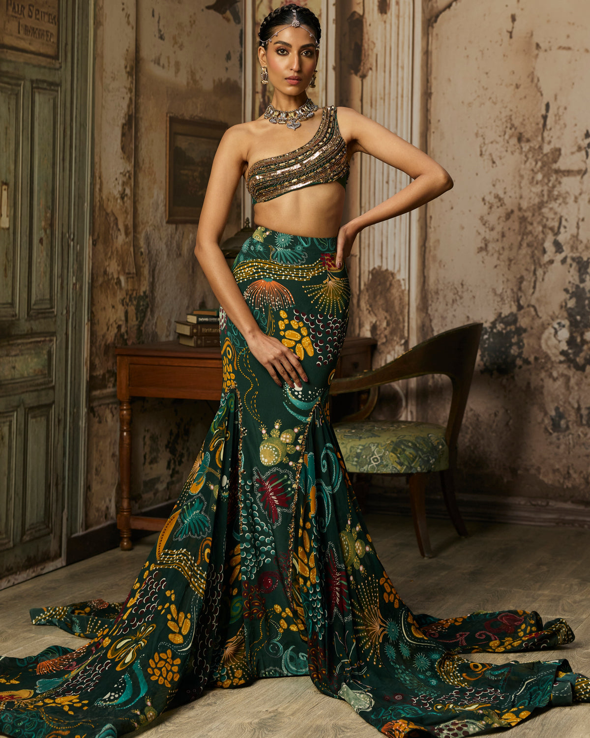 Dark Green Embroidered Blouse And Fishtail Skirt Set