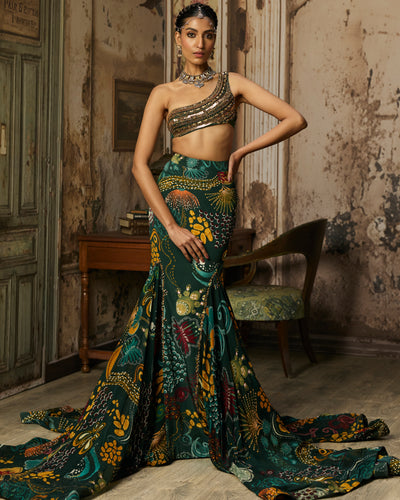 Dark Green Embroidered Blouse And Fishtail Skirt Set