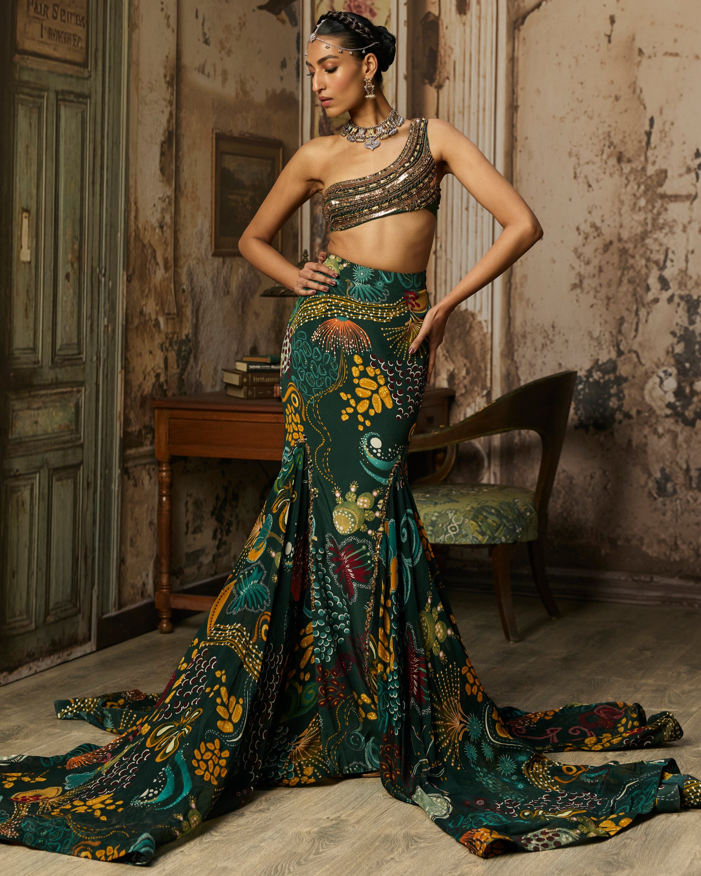 Dark Green Embroidered Blouse And Fishtail Skirt Set