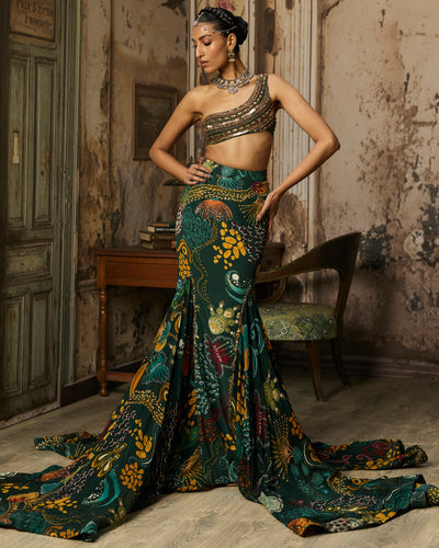 Dark Green Embroidered Blouse And Fishtail Skirt Set