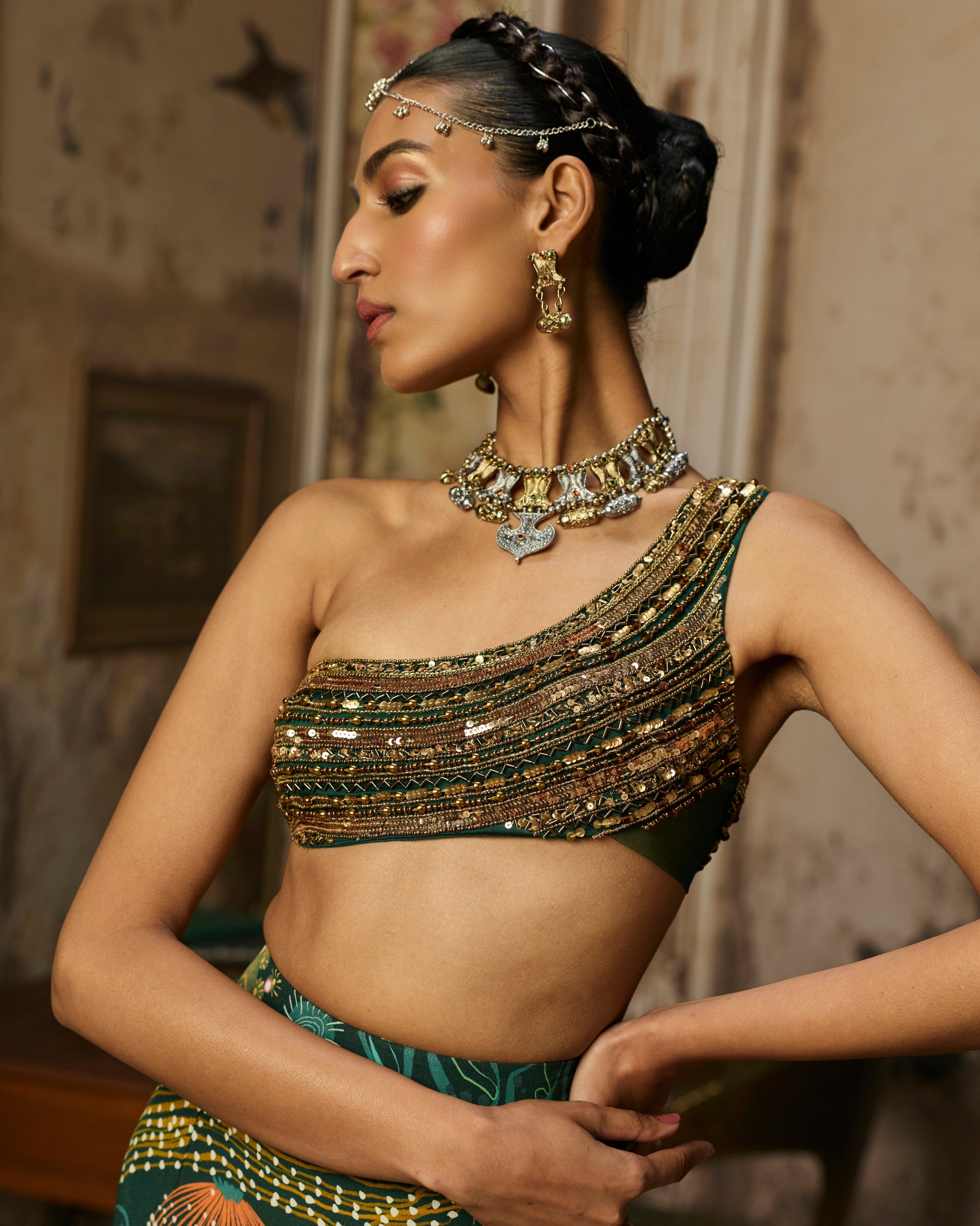 Dark Green Embroidered Blouse And Fishtail Skirt Set