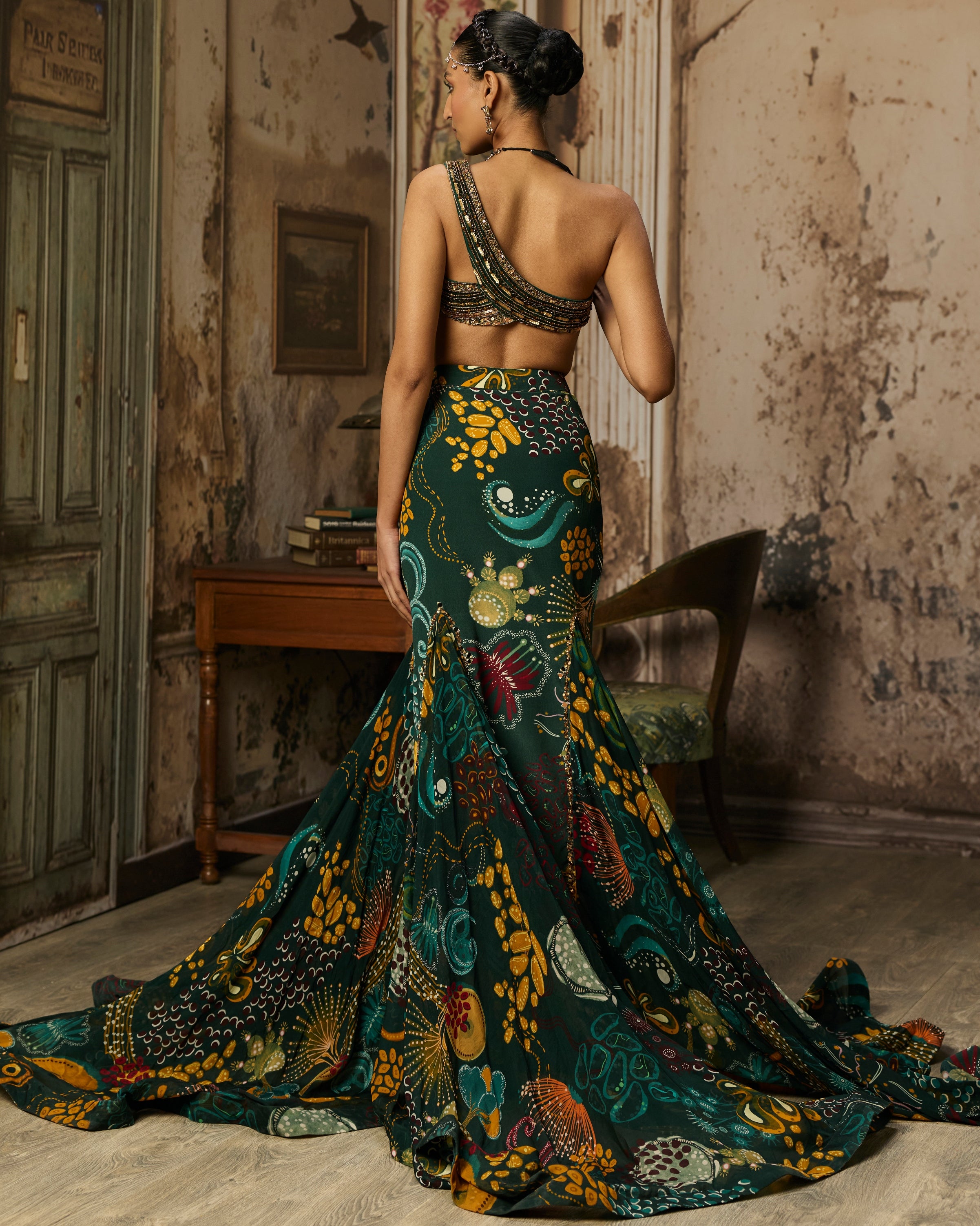 Dark Green Embroidered Blouse And Fishtail Skirt Set