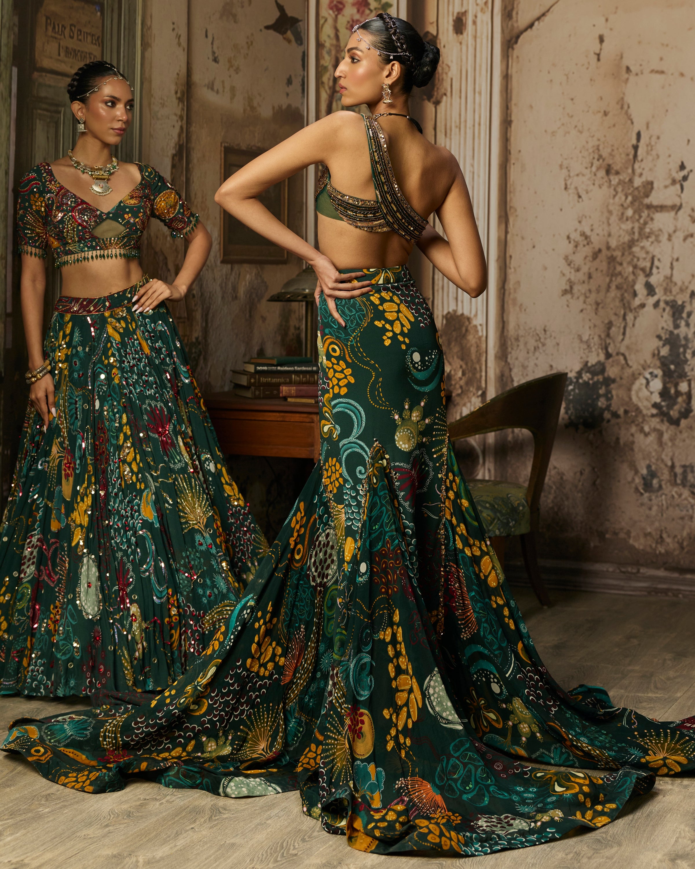 Dark Green Embroidered Blouse And Fishtail Skirt Set