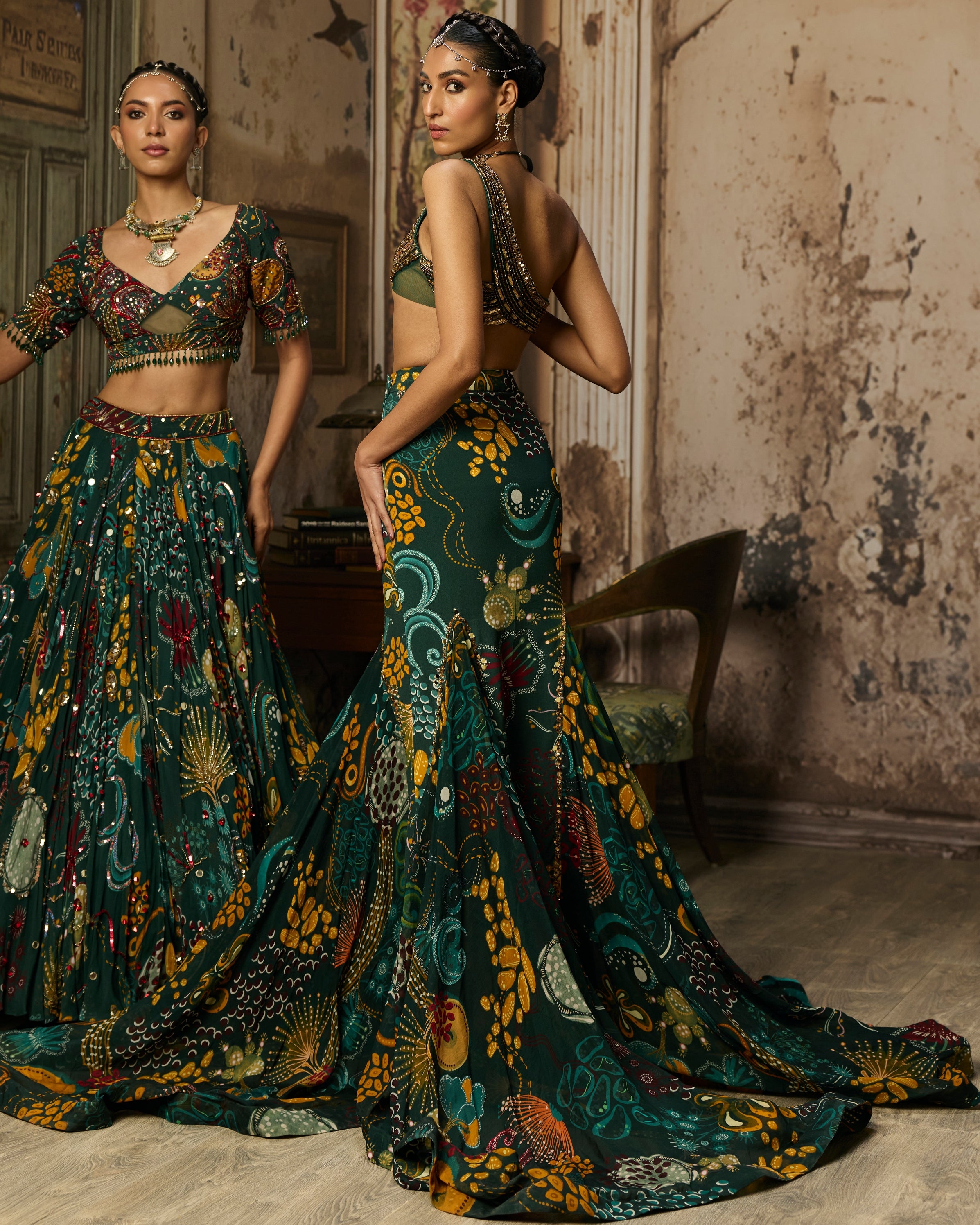 Dark Green Embroidered Blouse And Fishtail Skirt Set