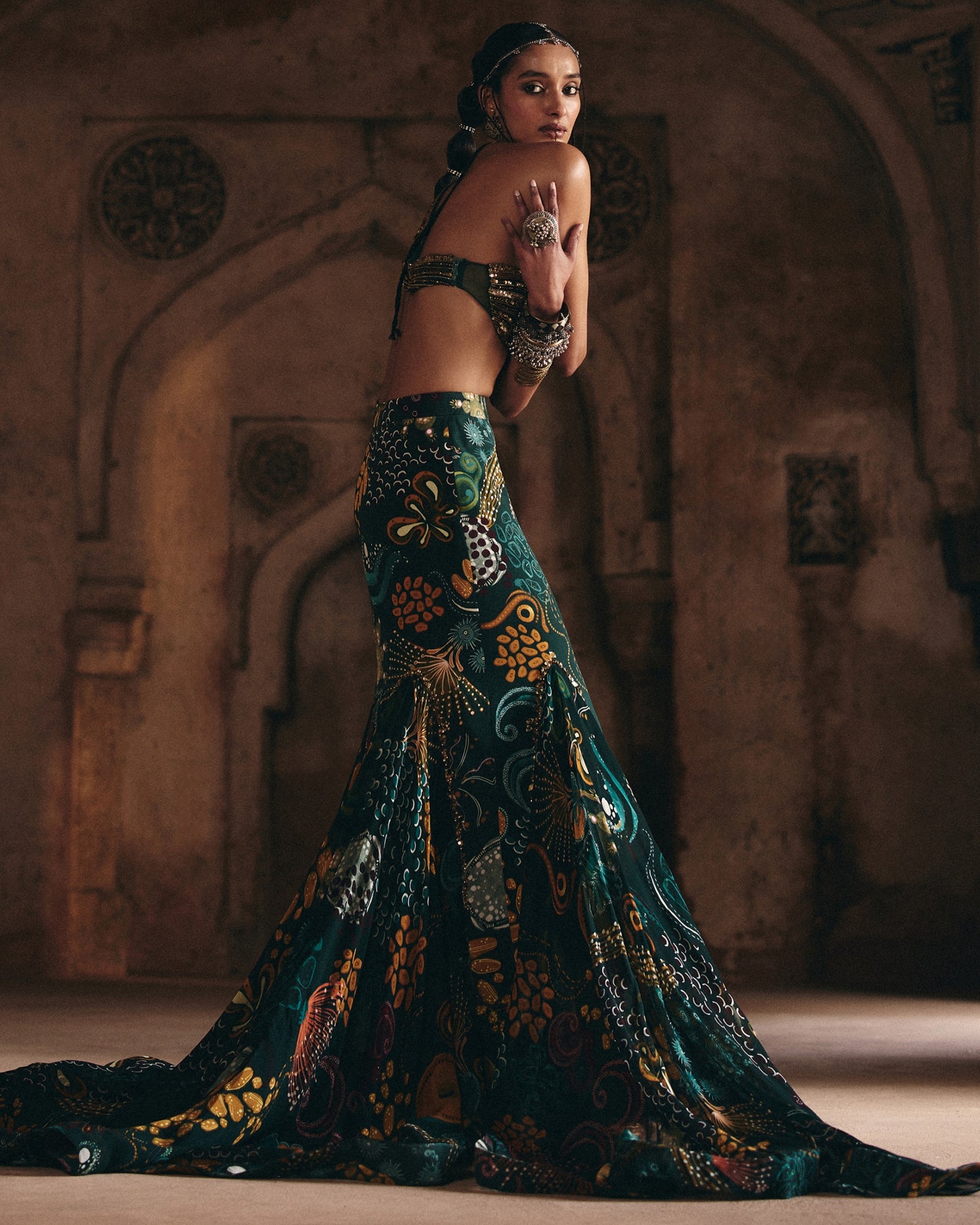 Dark Green Embroidered Blouse And Fishtail Skirt Set