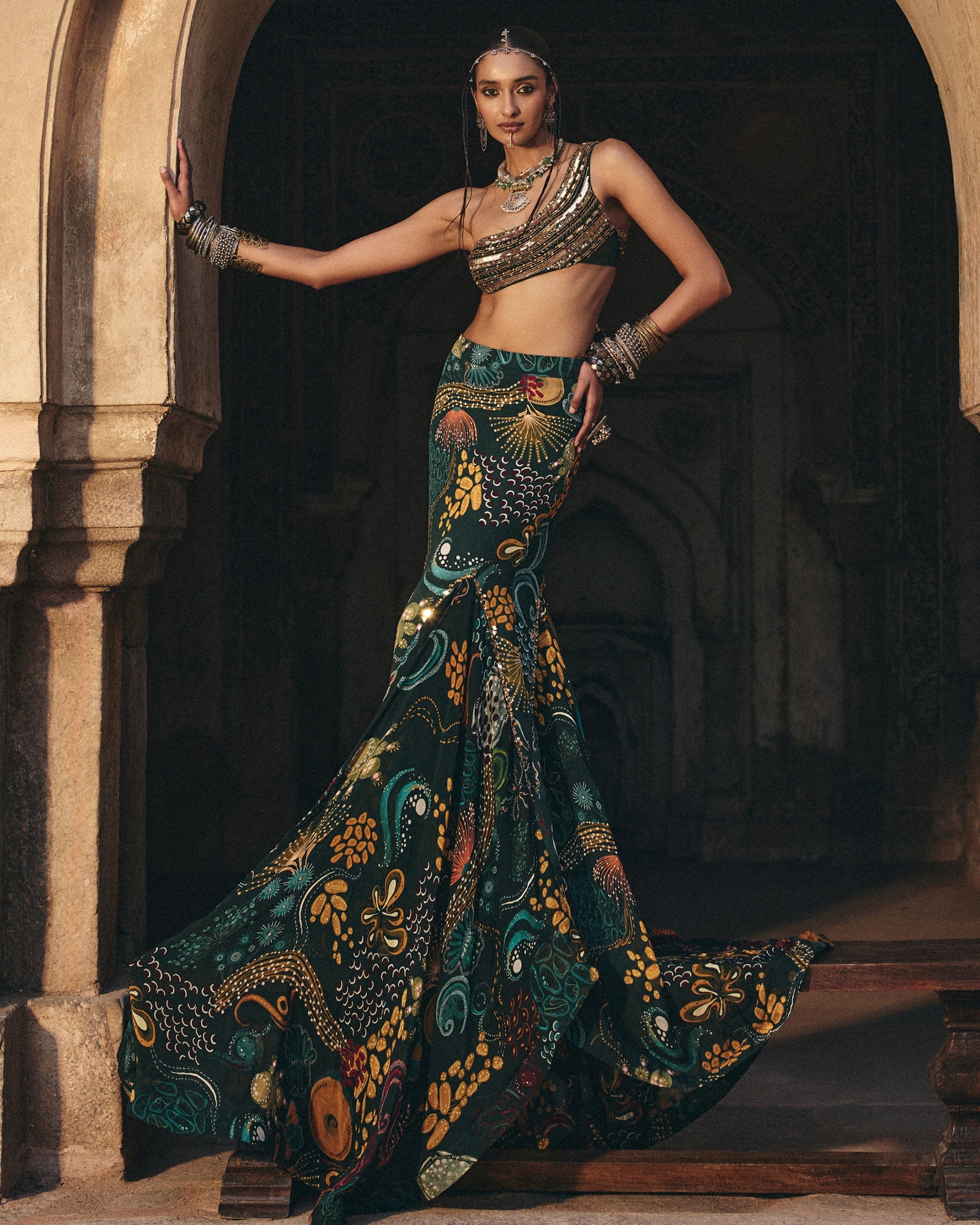 Dark Green Embroidered Blouse And Fishtail Skirt Set