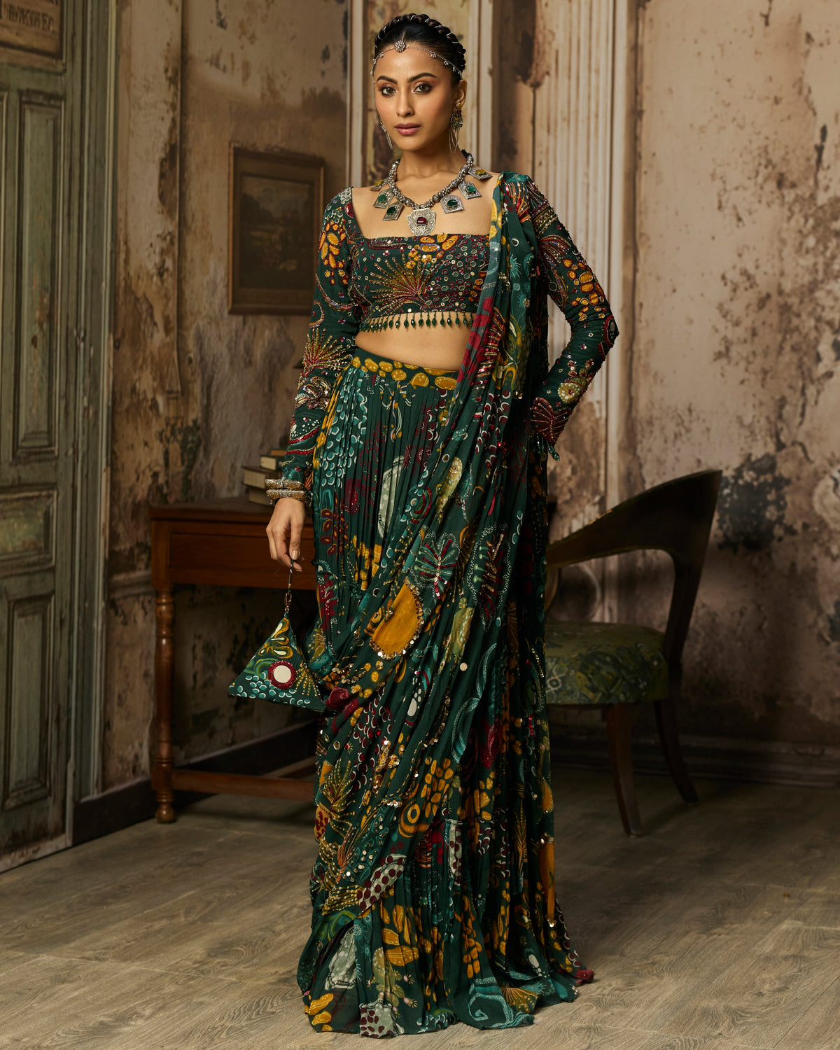 Dark Green Printed And Highlighted Tiered Skirt Sari Set