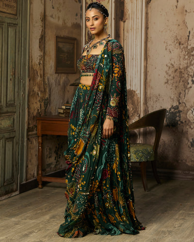 Dark Green Printed And Highlighted Tiered Skirt Sari Set